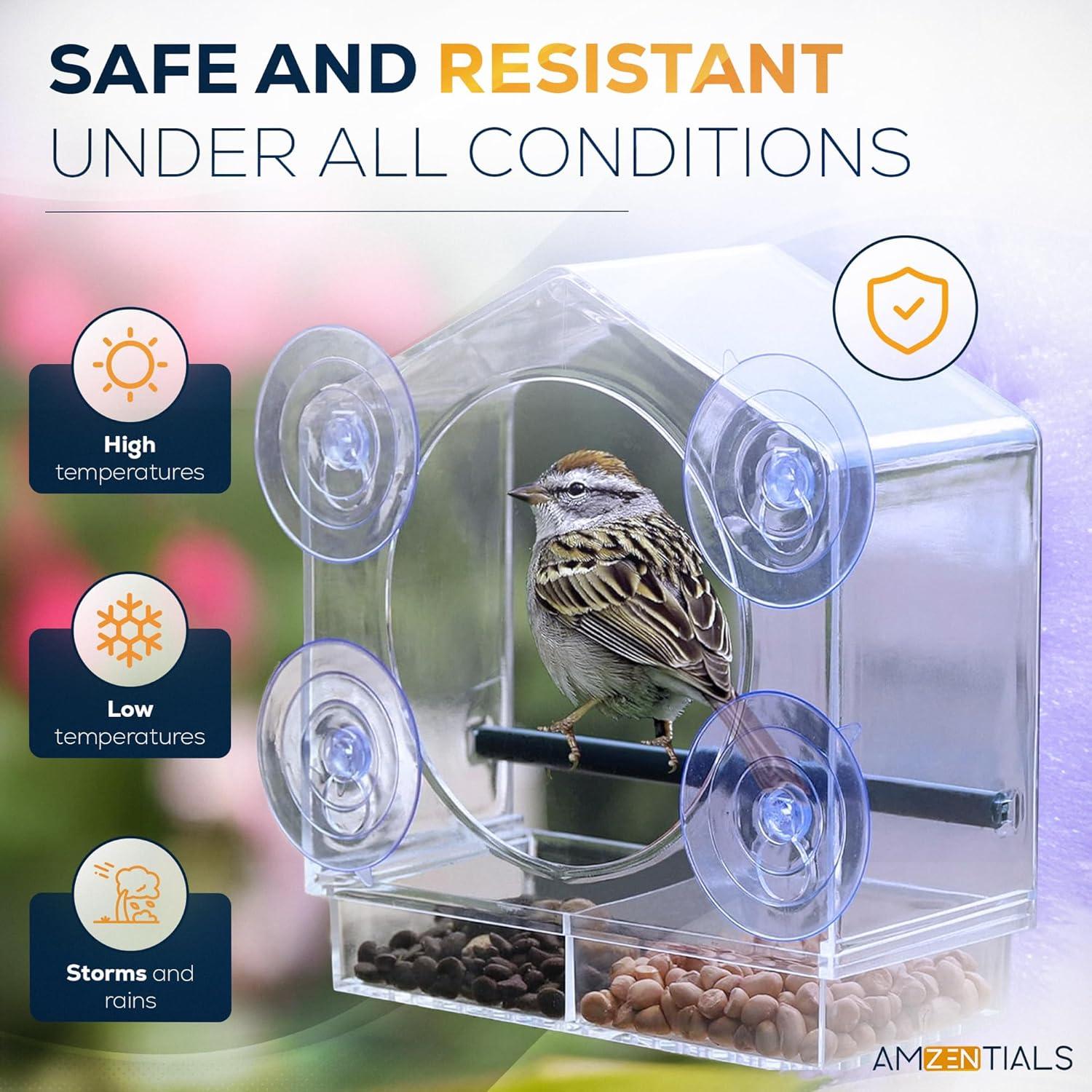 Comedero de Aves de Ventana AMZENTIALS Acrílico 25x12cm