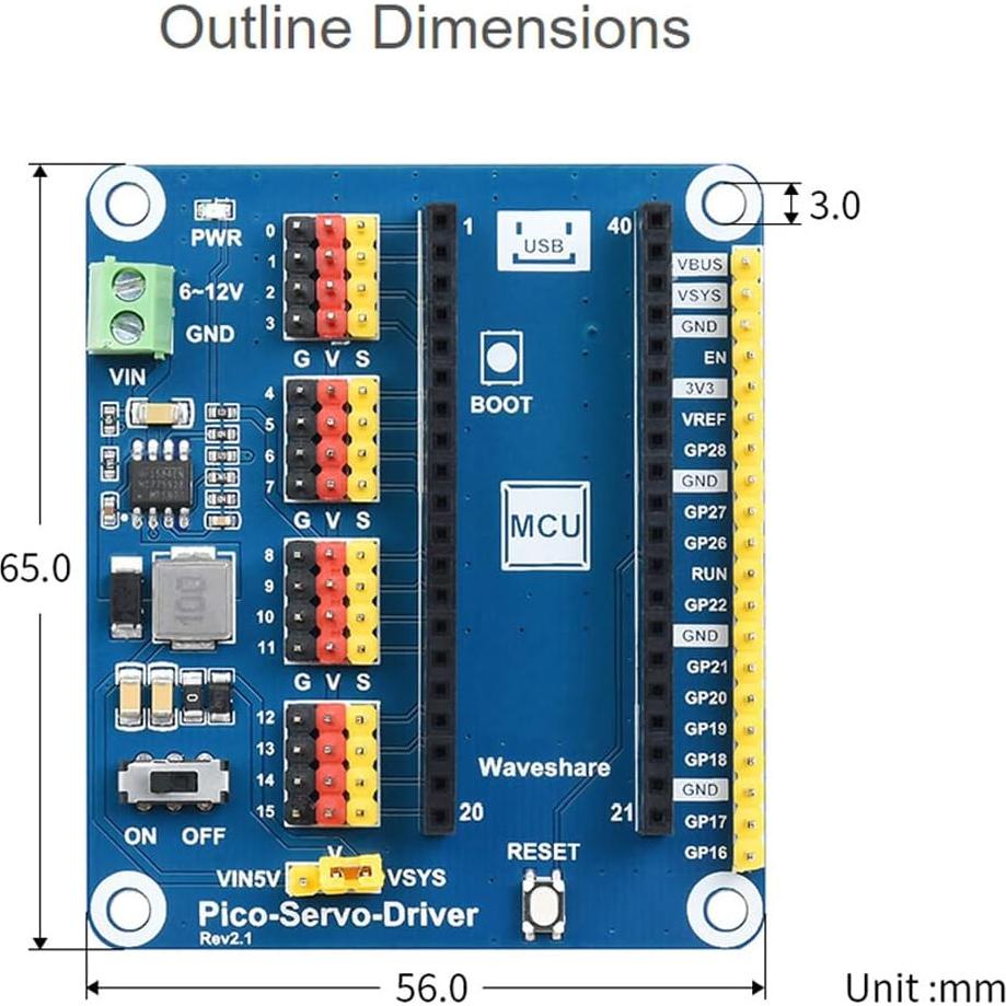 Waveshare Servo Driver Module for Raspberry Pi Pico Ideal for Controlling Robotic Arm or Hexapod Walker 16-Channel Outputs 16-Bit Resolution