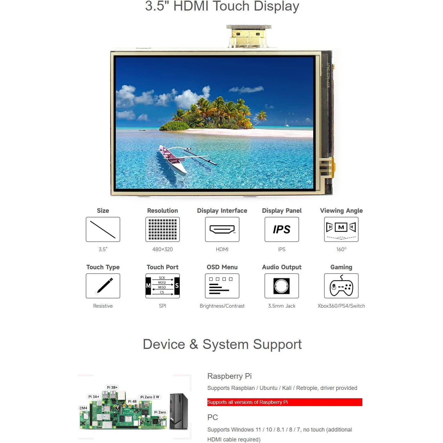 Pantalla LCD Táctil 3.5" Waveshare HDMI 480x320 para Raspberry Pi