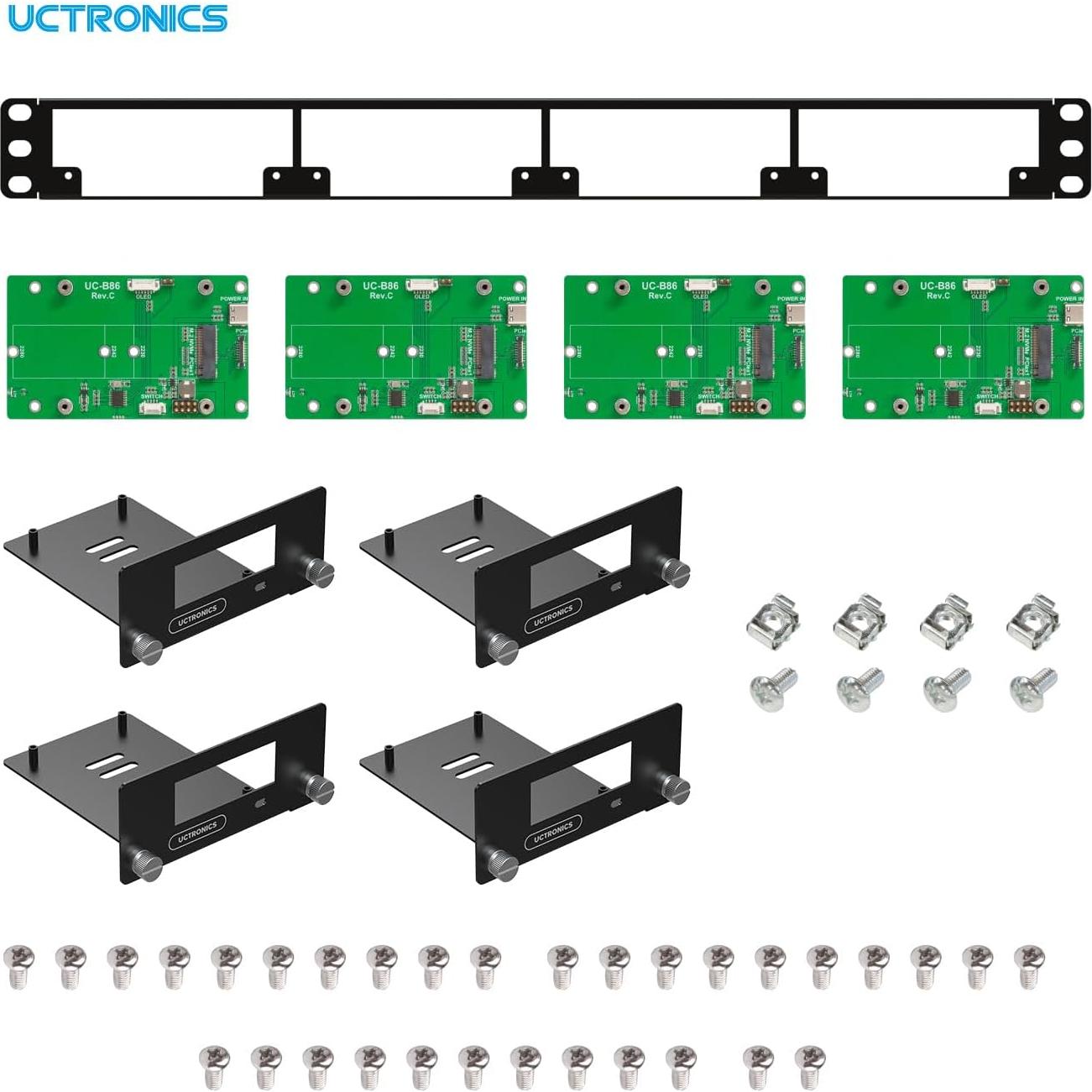Montaje en Rack 1U UCTRONICS para Raspberry Pi 5 con 4 SSD M.2 NVMe