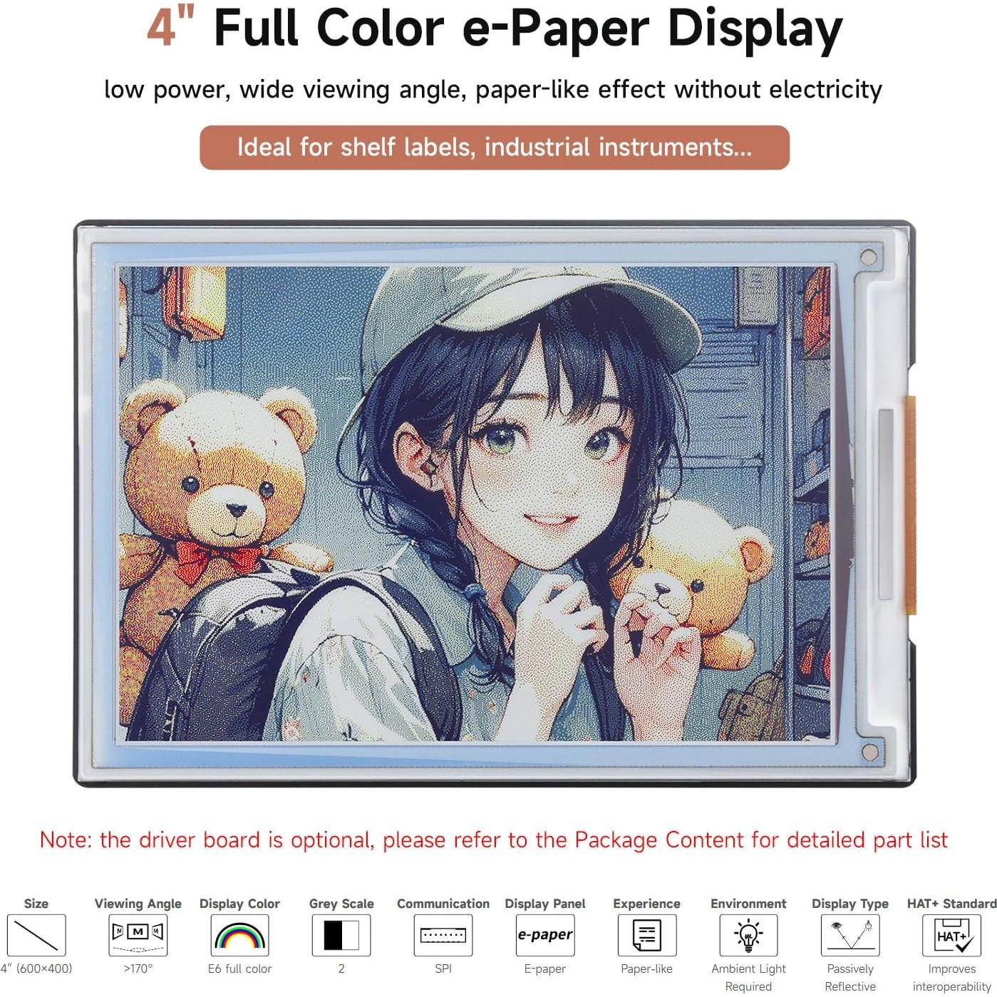Pantalla E-Paper a Color 4" Waveshare HAT+ para Raspberry Pi