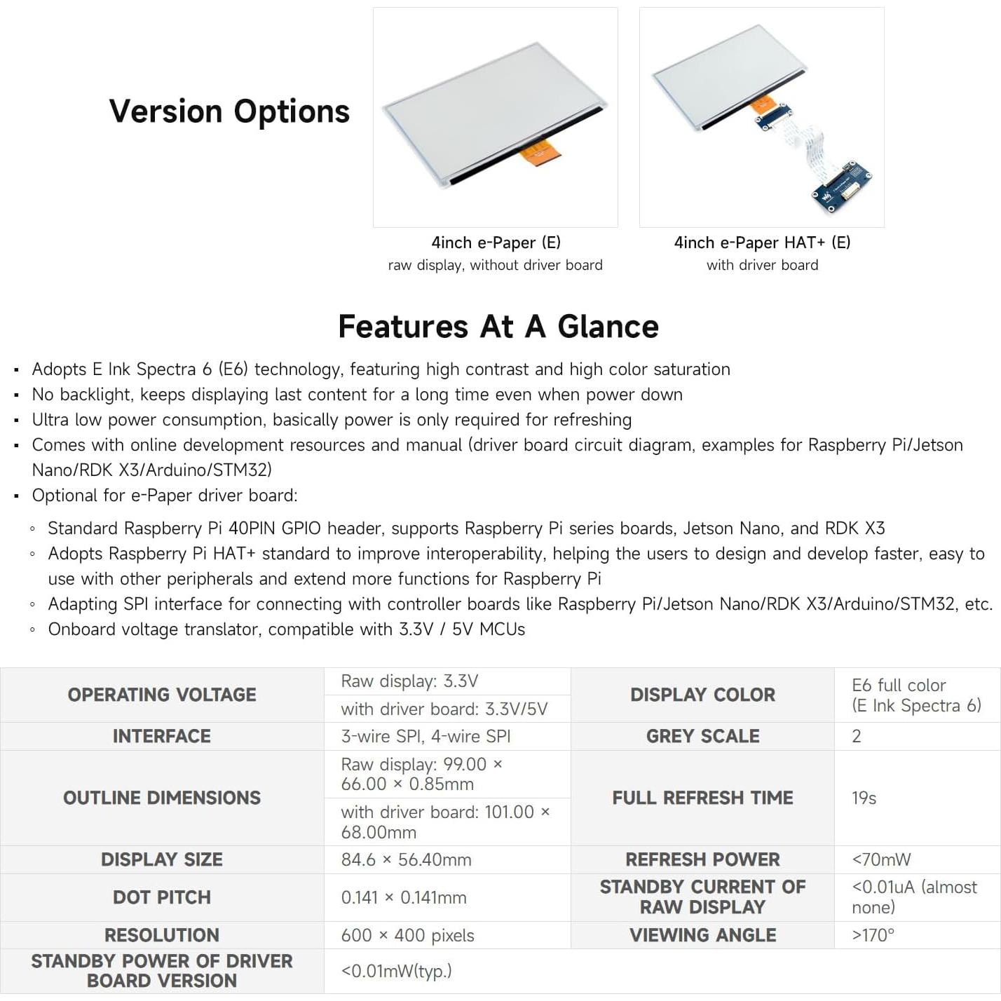 Pantalla E-Paper a Color 4" Waveshare HAT+ para Raspberry Pi