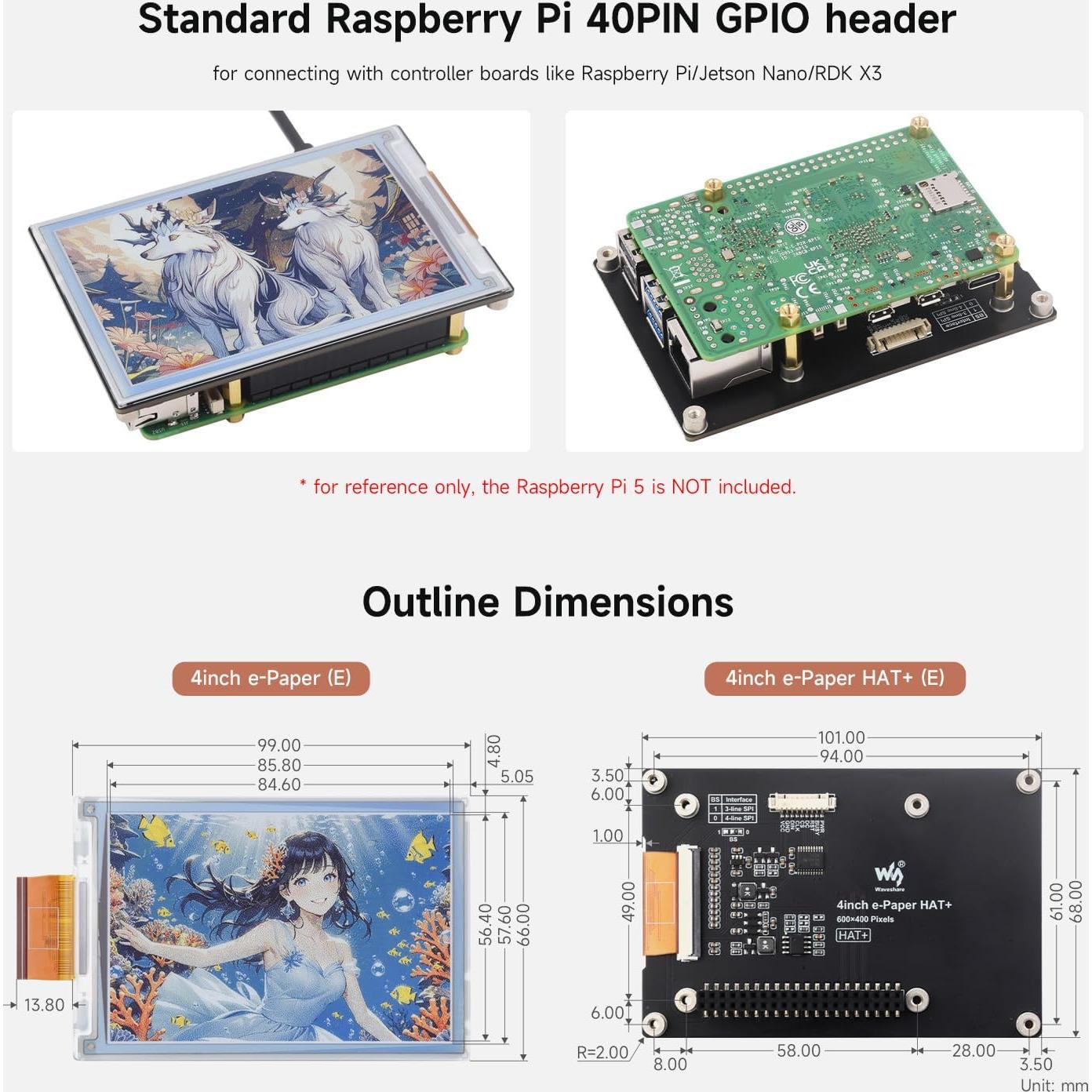 Pantalla E-Paper a Color 4" Waveshare HAT+ para Raspberry Pi