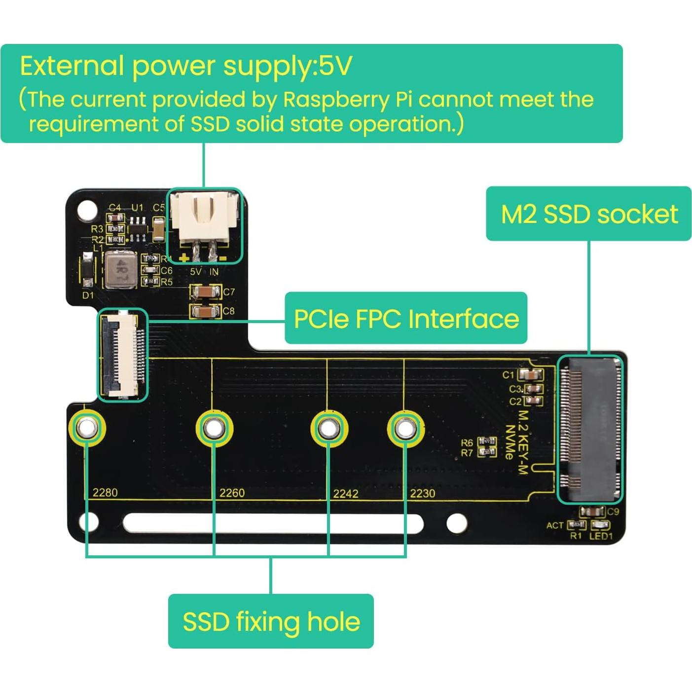 Placa Periférica PCIe M.2 HAT KEYESTUDIO para Raspberry Pi 5