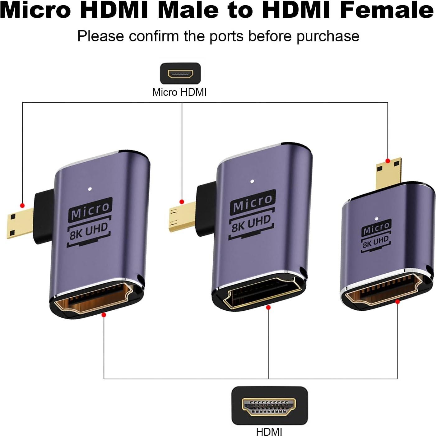 Adaptador Micro HDMI a HDMI AreMe 8K - Paquete de 3, 90 Grados