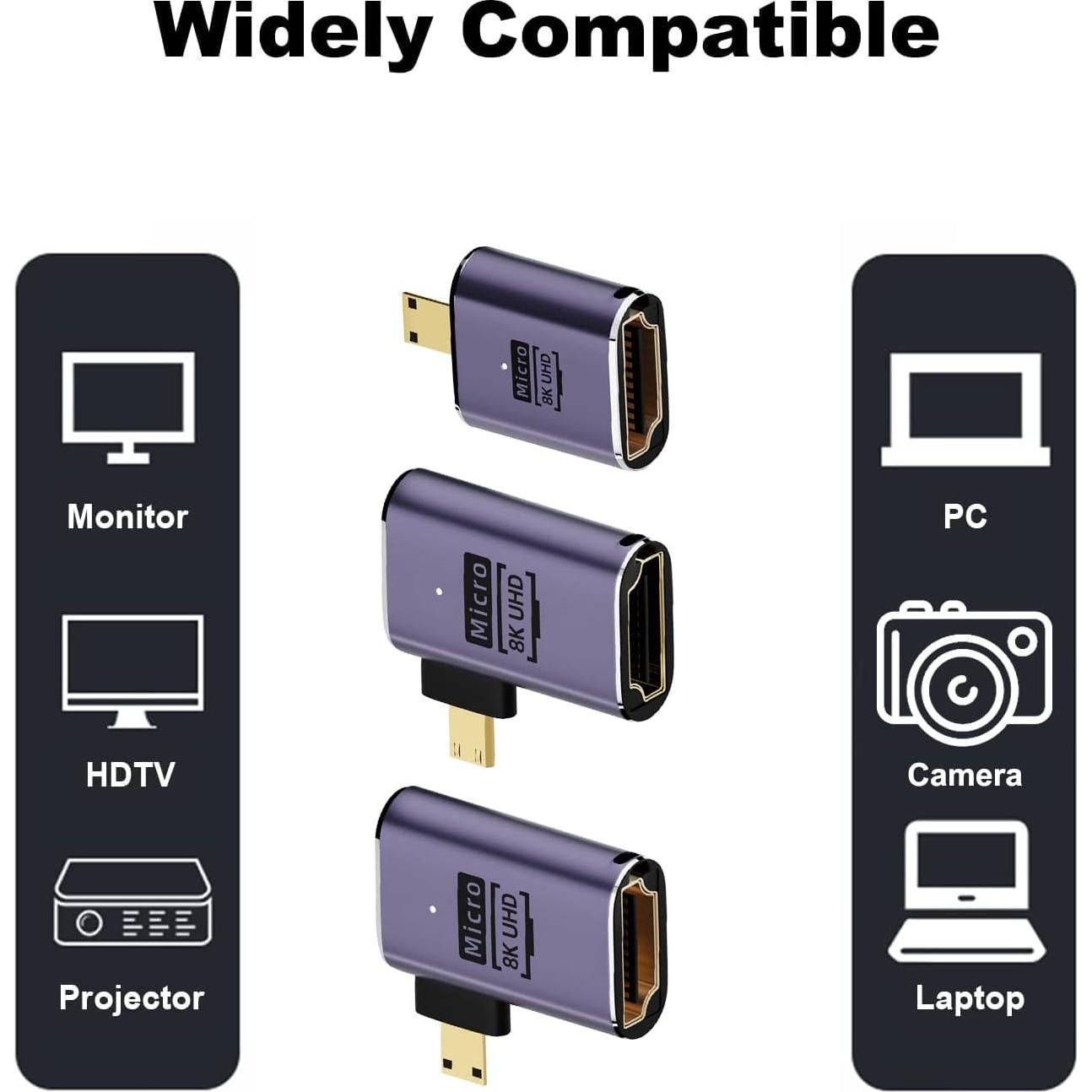 Adaptador Micro HDMI a HDMI AreMe 8K - Paquete de 3, 90 Grados
