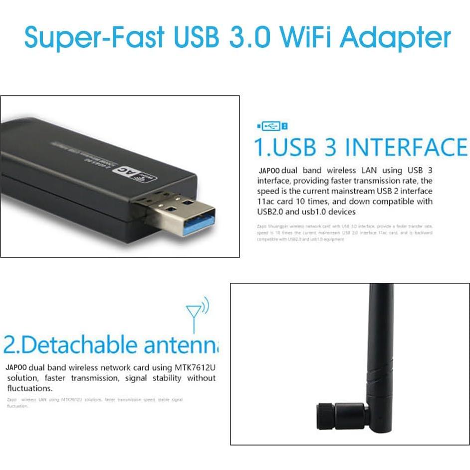 Adaptador USB WiFi JAPOO RTL8812AU 1200Mbps Doble Banda 5dBi