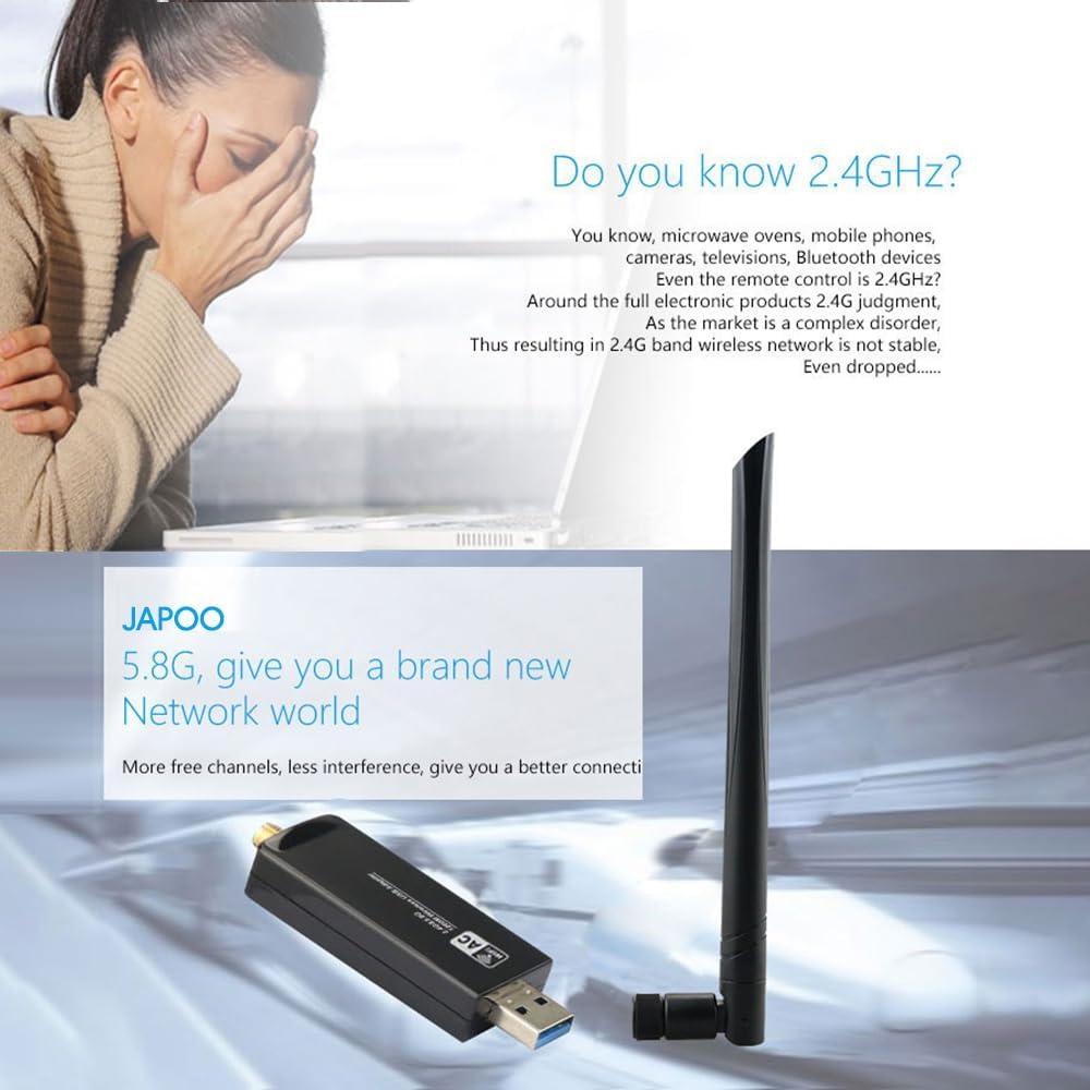 Adaptador USB WiFi JAPOO RTL8812AU 1200Mbps Doble Banda 5dBi