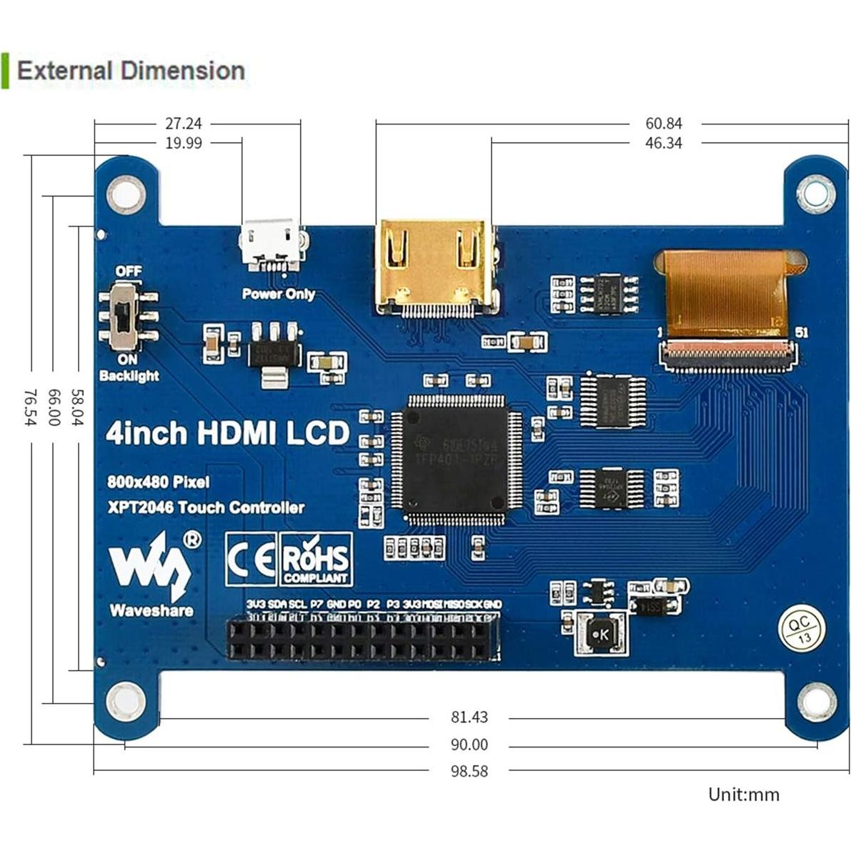 Pantalla LCD IPS 4" Waveshare 800x480 Táctil Resistiva HDMI
