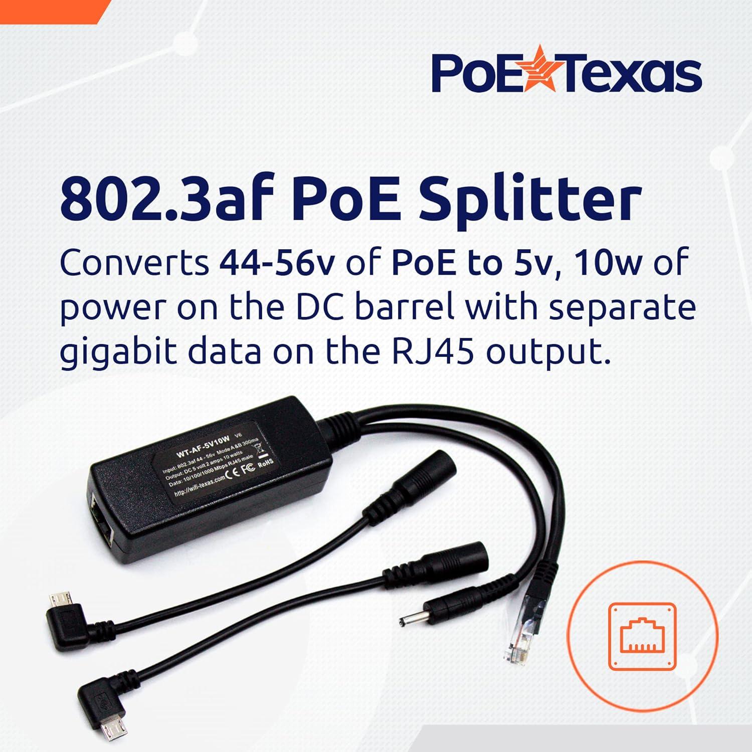 Divisor PoE 802.3af PoE Texas 5V 10W con MicroUSB