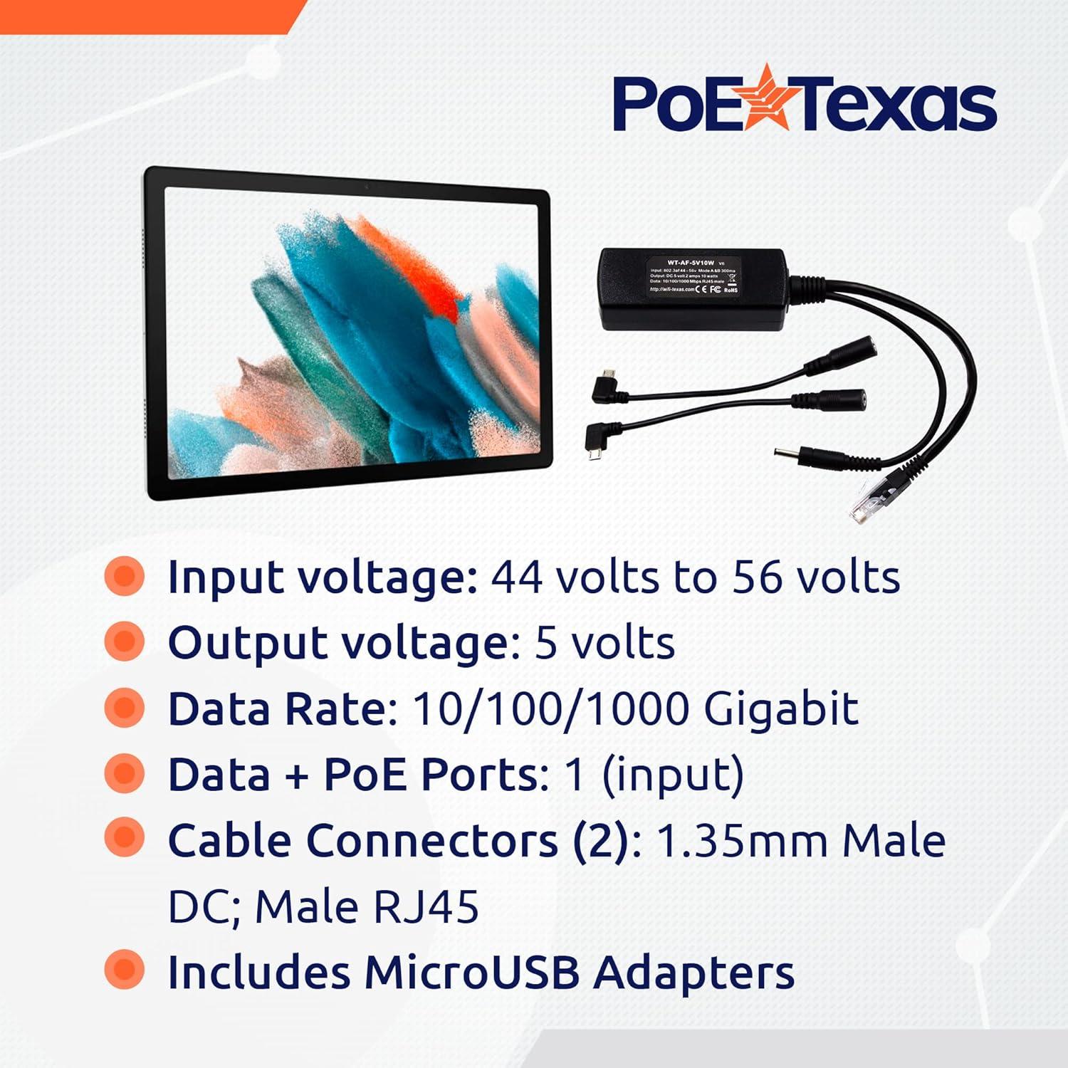 Divisor PoE 802.3af PoE Texas 5V 10W con MicroUSB
