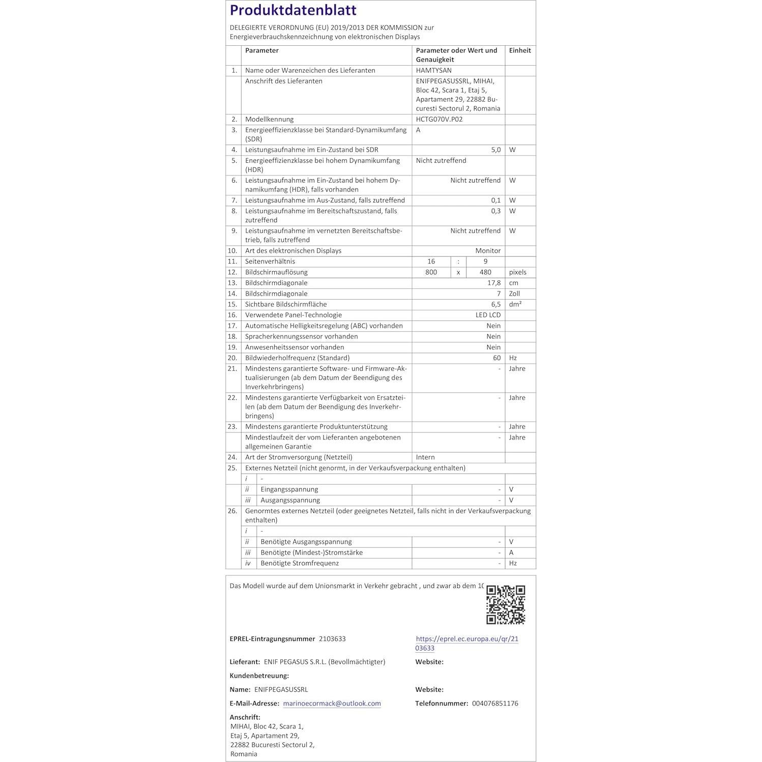 Monitor LCD 7" HAMTYSAN 800x480 HDMI con altavoces
