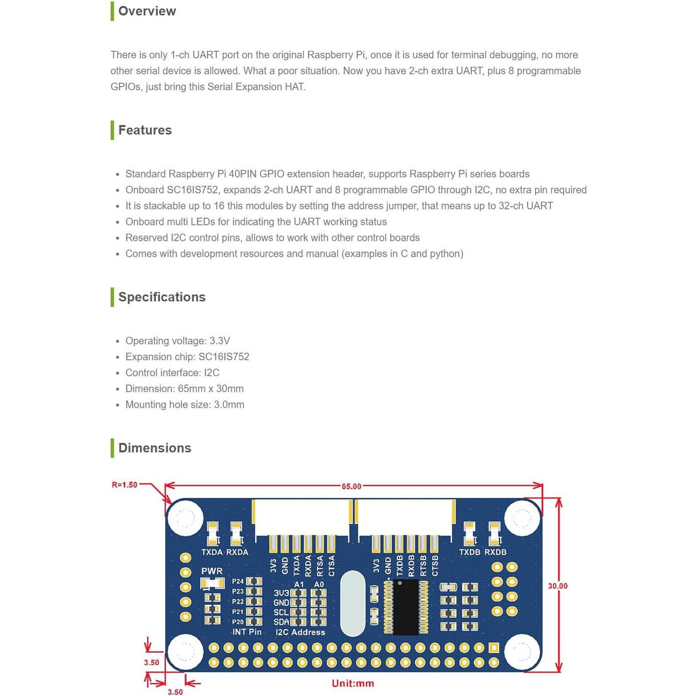 HAT de Expansión Serial Waveshare para Raspberry Pi 2-ch UART 8 GPIOs