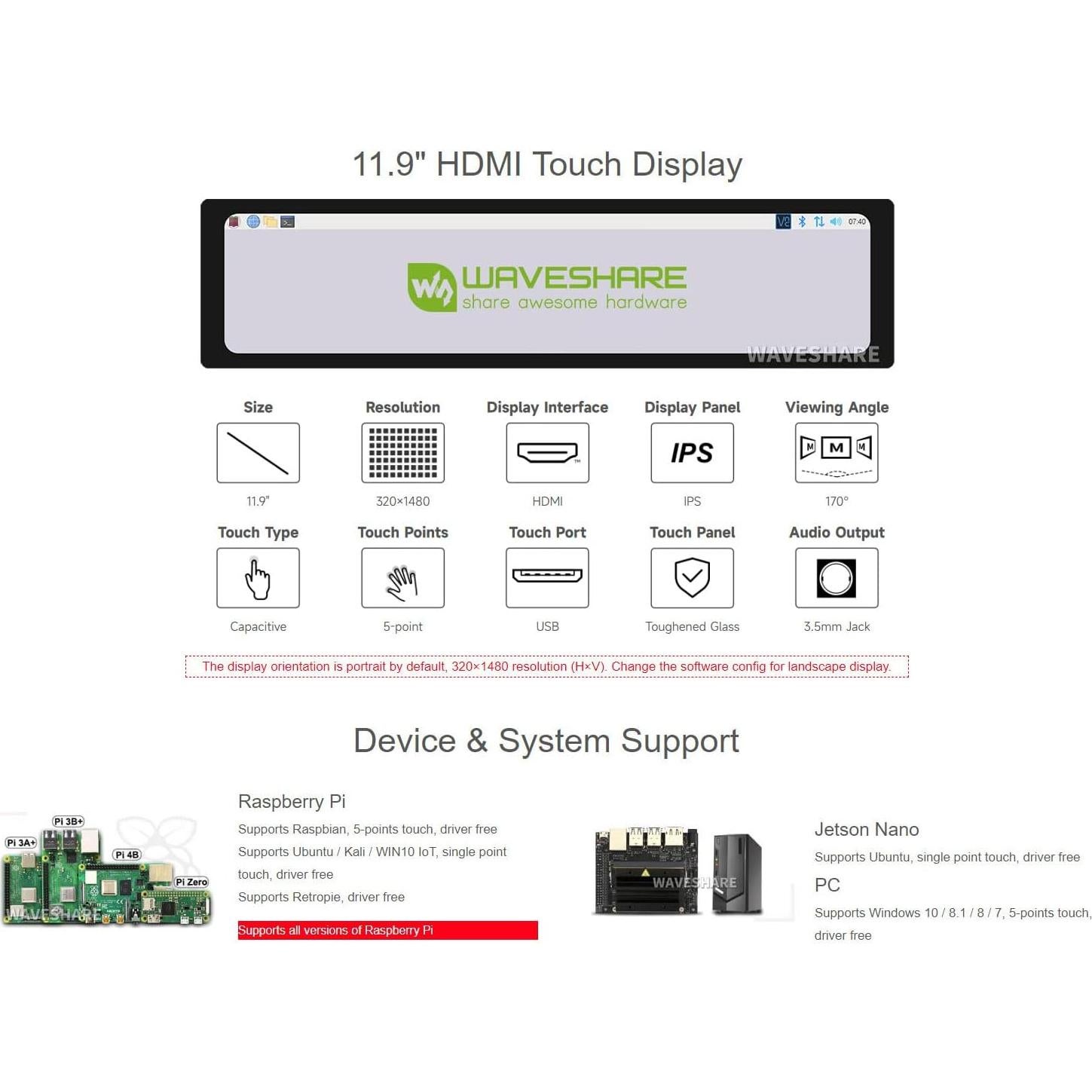 Pantalla LCD Táctil 11.9" Waveshare HDMI 320x1480 IPS