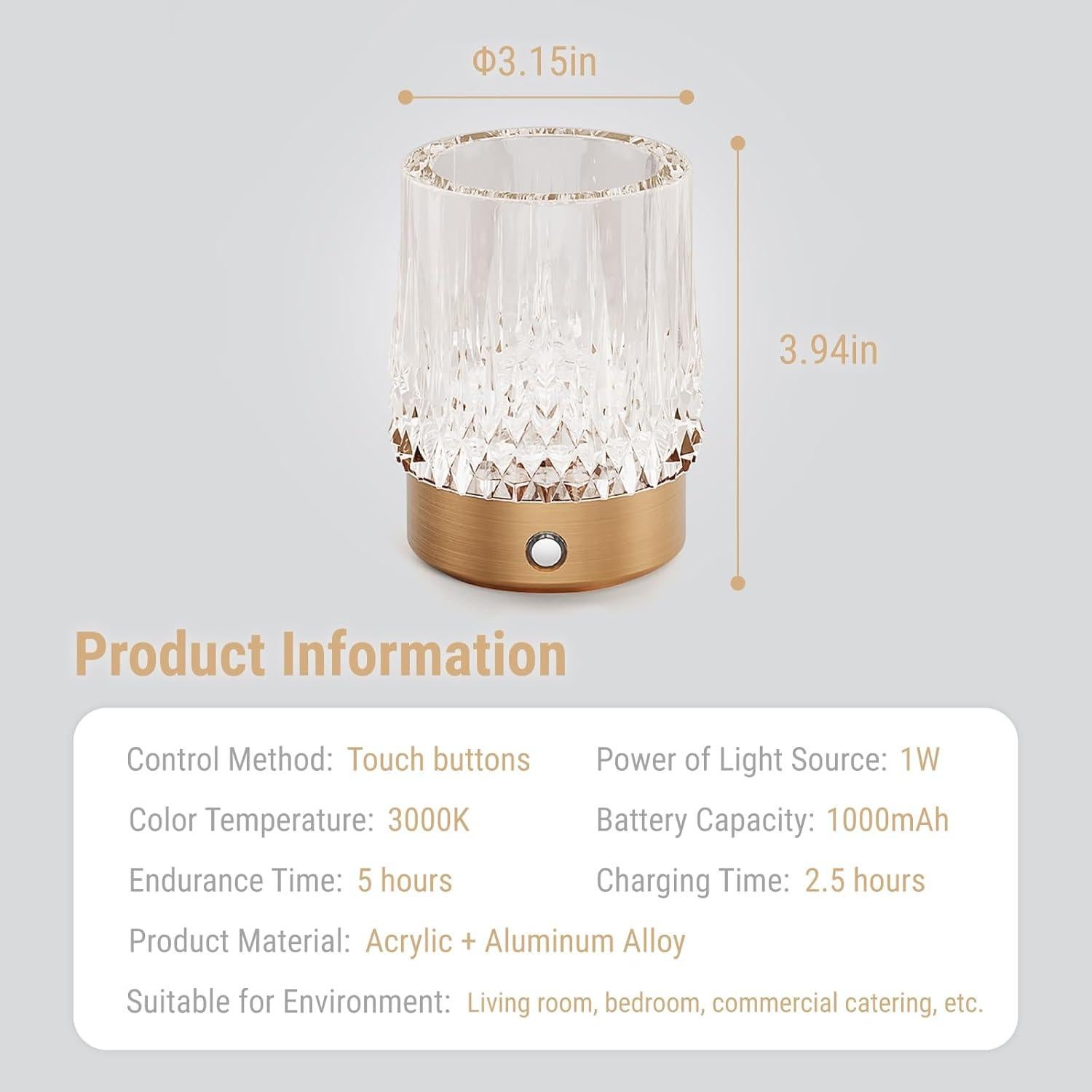 Lámpara de Mesa KOSTA Jarrón Cristal Oro Táctil Recargable