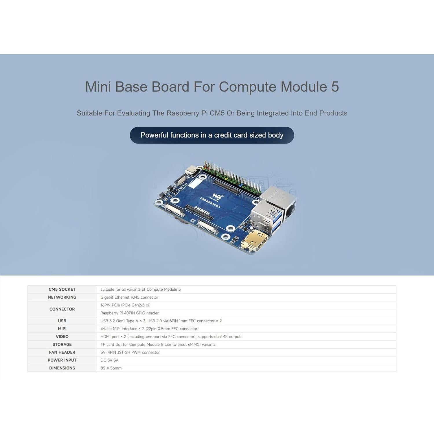 Mini Base Board Waveshare para Raspberry Pi CM5 Lite eMMC