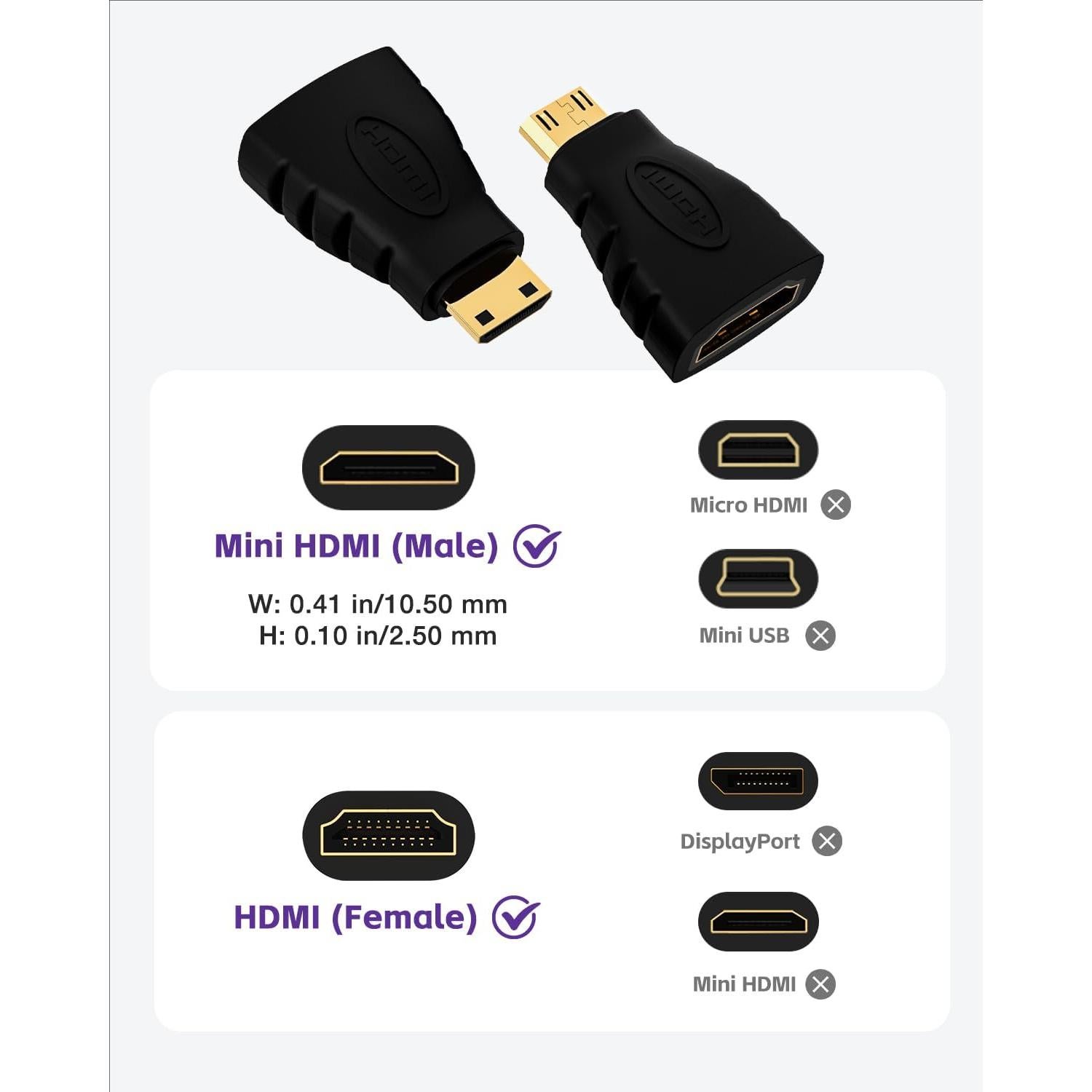 Adaptador VCE Mini HDMI a HDMI 4K, Conector Oro para DSLR