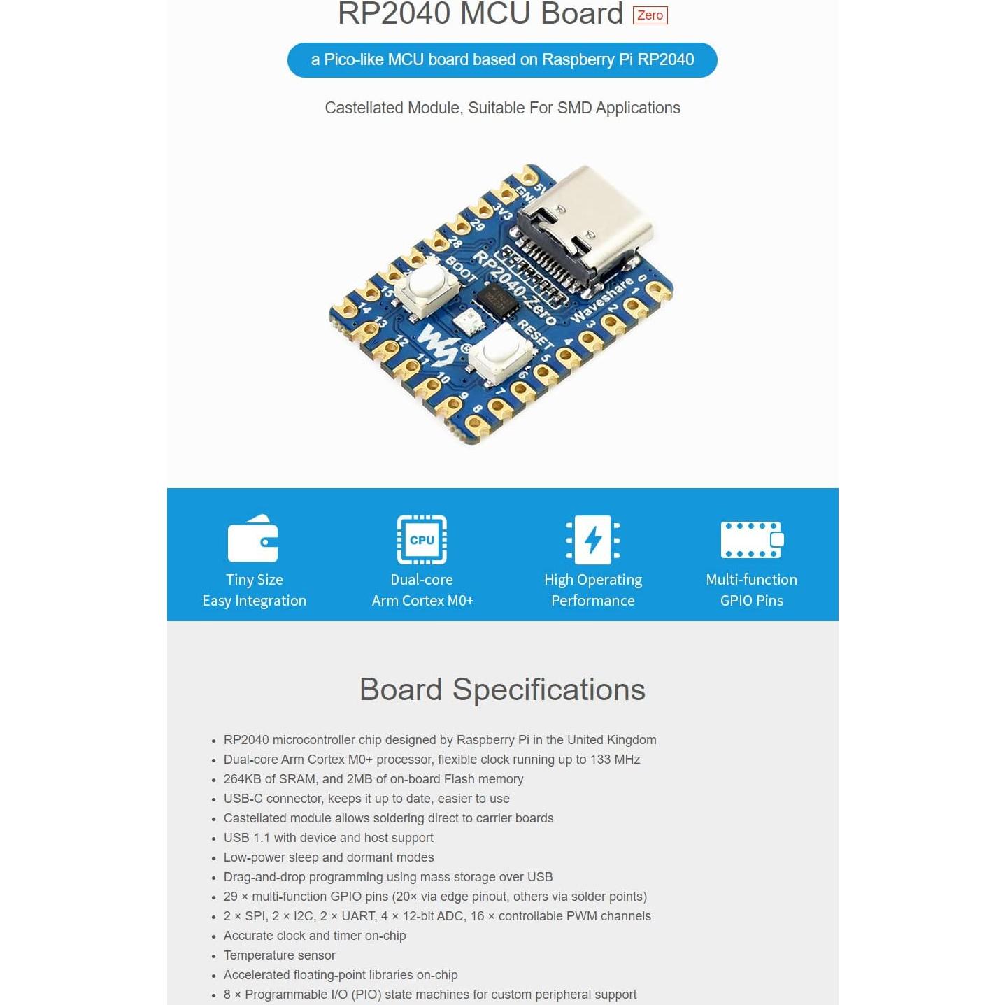 Placa MCU Waveshare RP2040-Zero 19.94g 133MHz USB-C