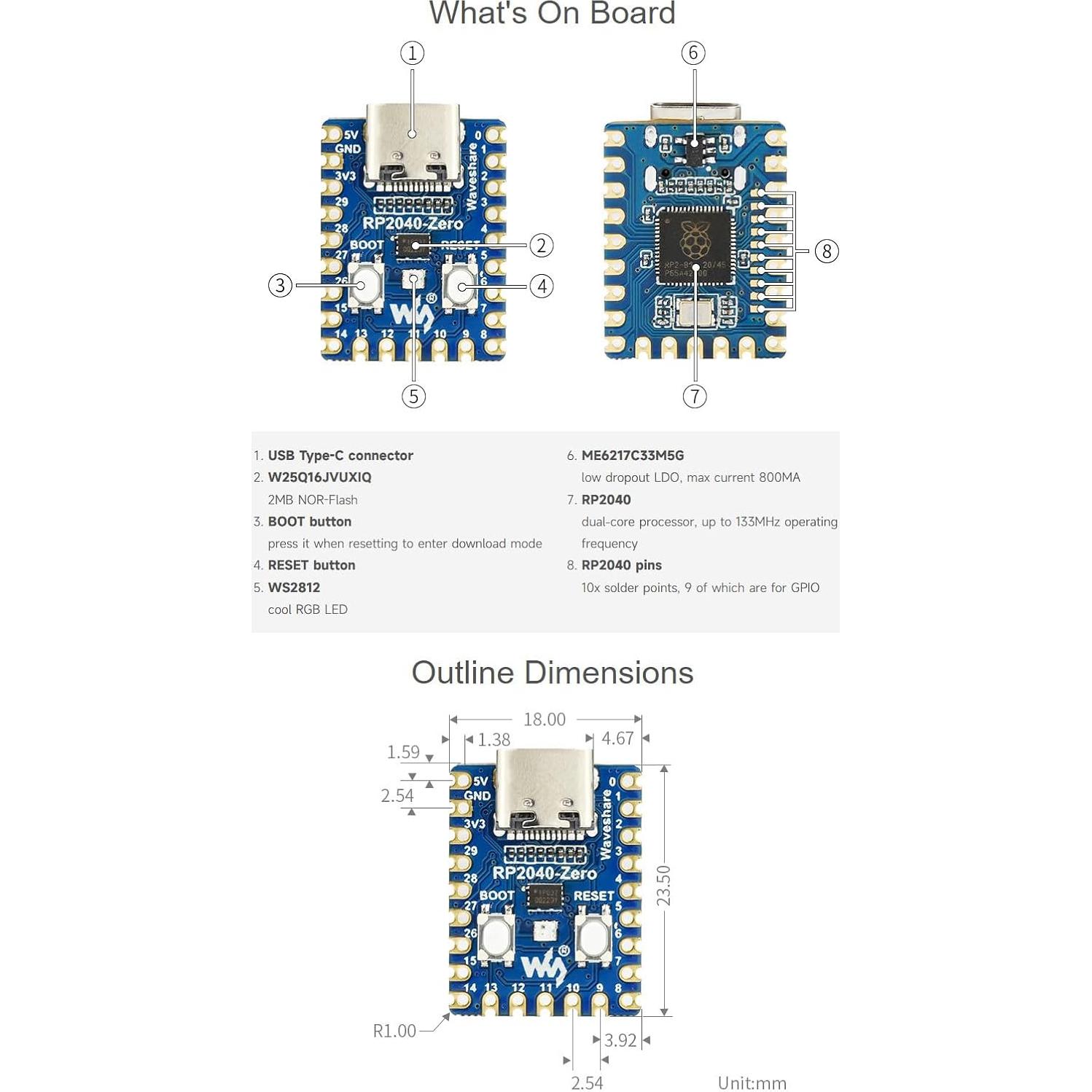 Placa MCU Waveshare RP2040-Zero 19.94g 133MHz USB-C