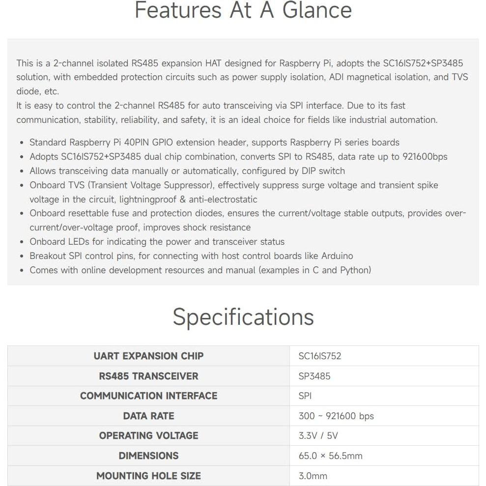HAT de Expansión RS485 Aislado Waveshare 2 Canales para Raspberry Pi