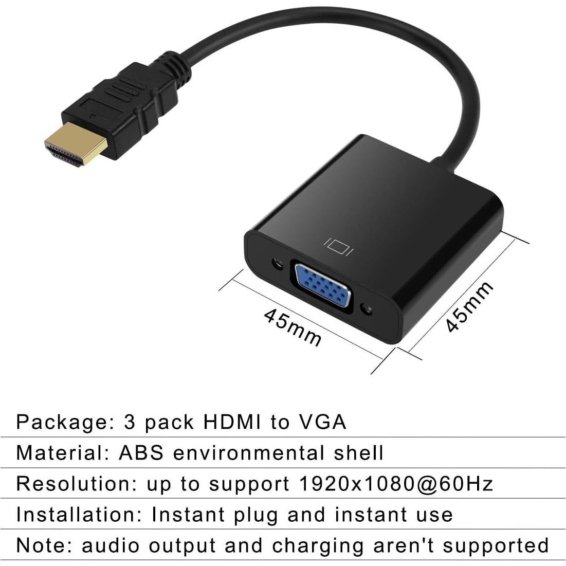 Adaptador HDMI a VGA QINGLER - 3 Paquete, 1080P, Negro