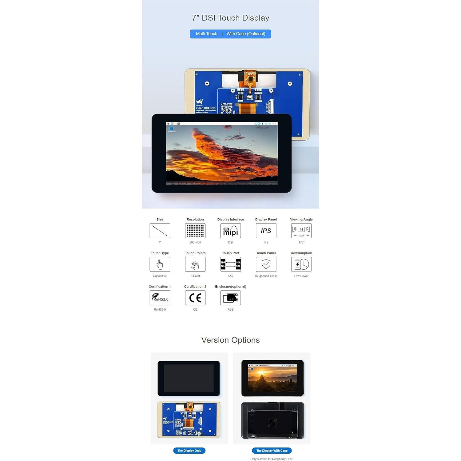 Pantalla Táctil IPS 7" Coolwell para Raspberry Pi 4B/3B+