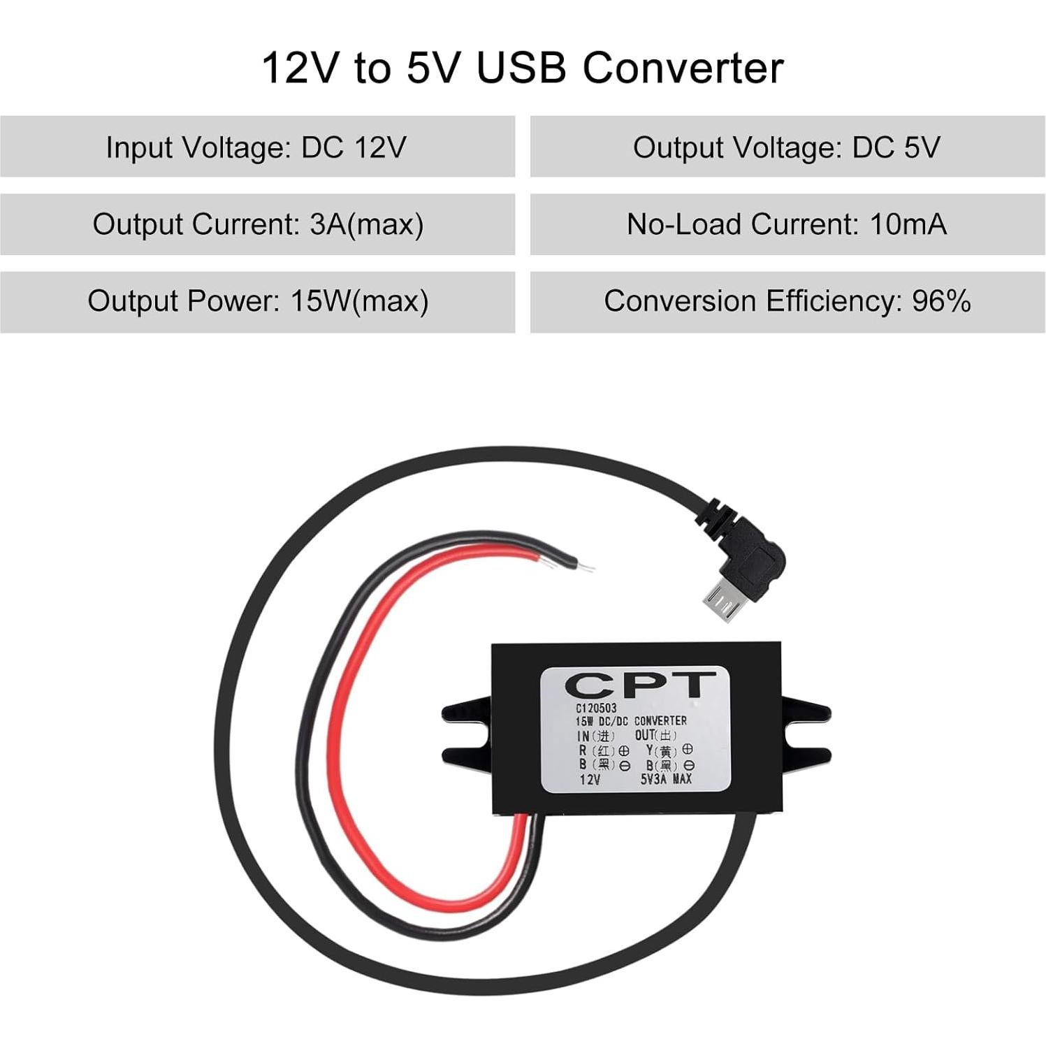 Convertidor 12V a 5V Micro USB AOICRIE 3A 15W a Prueba de Agua