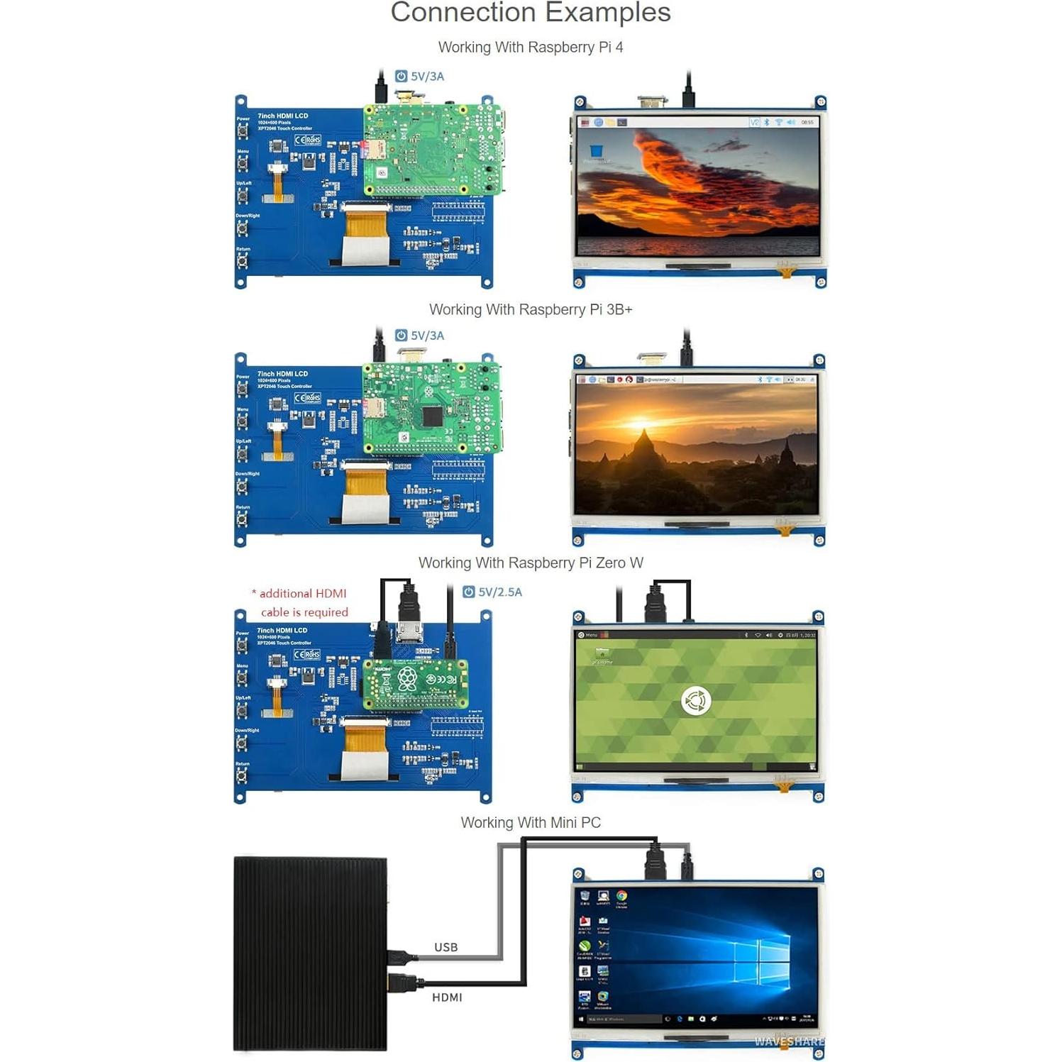 Pantalla LCD táctil 7" Waveshare 1024x600 HDMI Raspberry Pi
