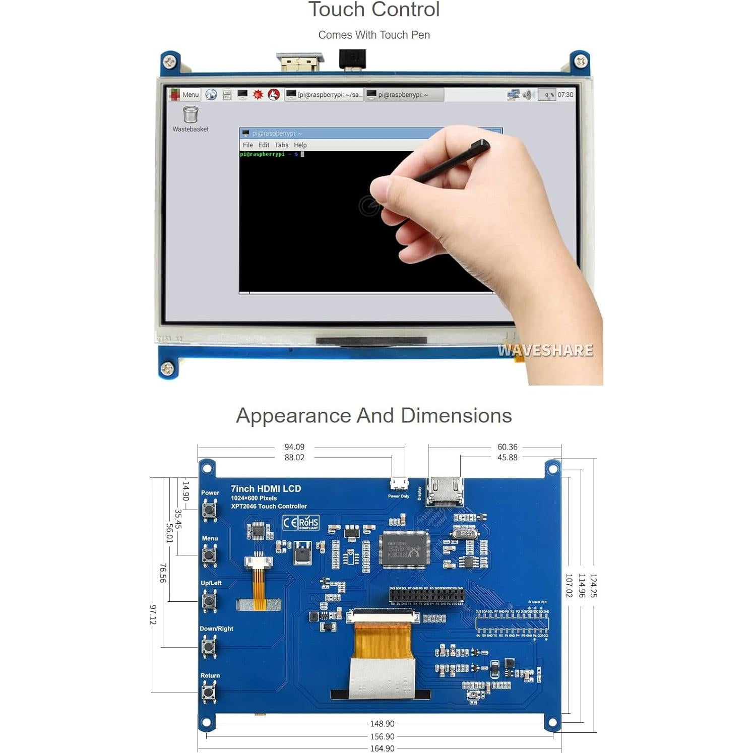 Pantalla LCD táctil 7" Waveshare 1024x600 HDMI Raspberry Pi