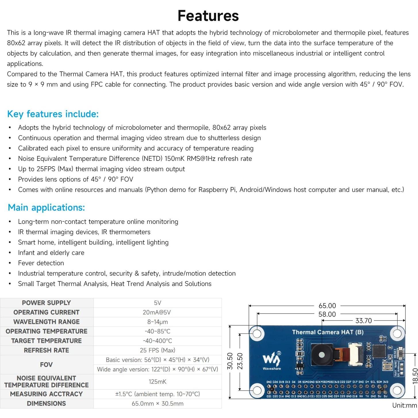 Cámara Térmica Waveshare HAT (B) 80x62 píxeles IR para Raspberry Pi