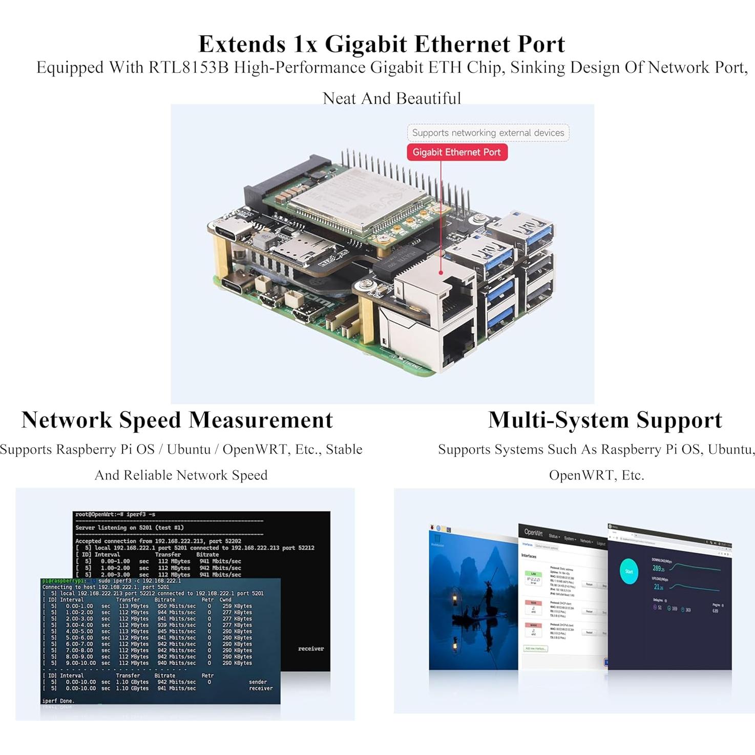 Adaptador PCIe a MiniPCIe USB 3.2 y Ethernet Gigabit para Raspberry Pi 5