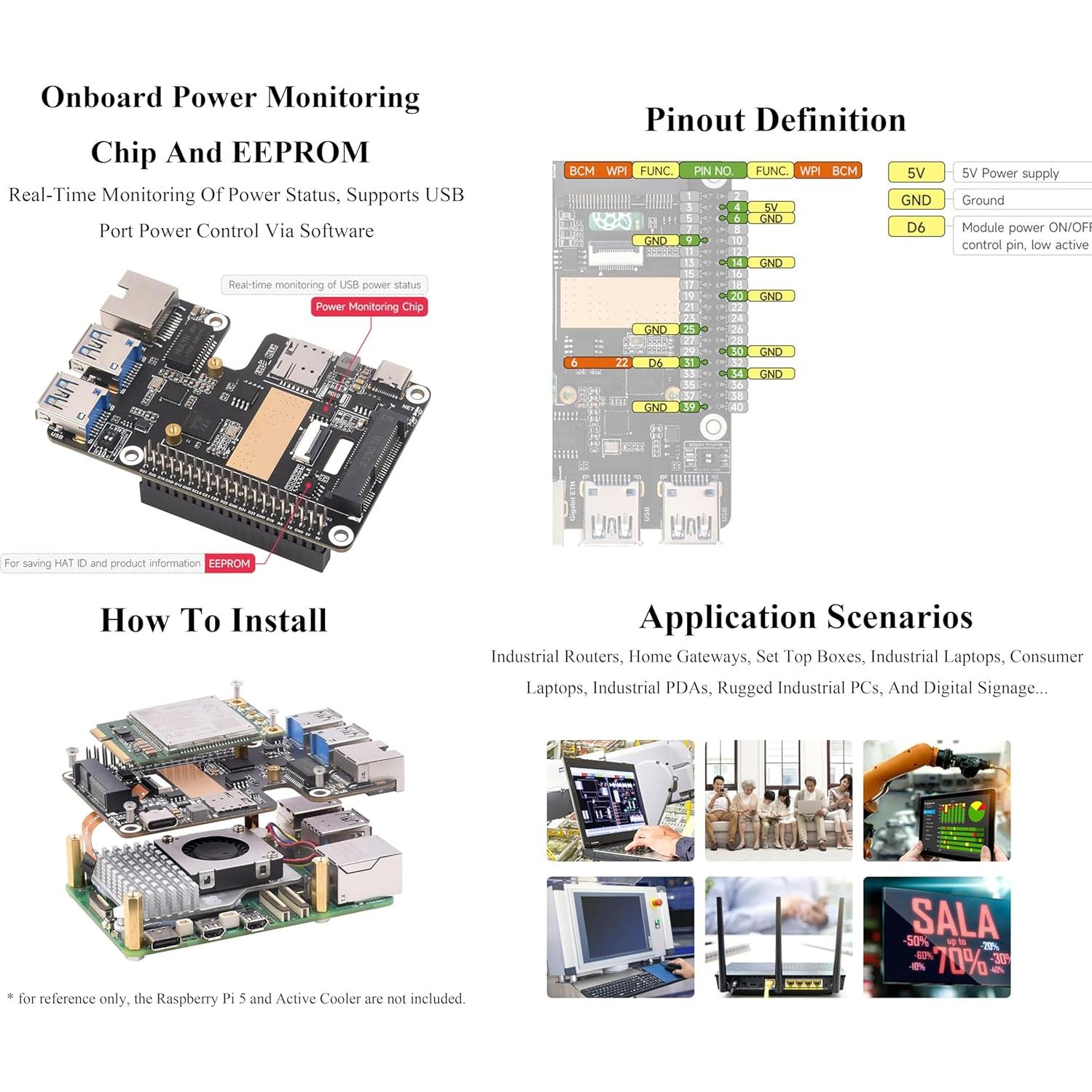 Adaptador PCIe a MiniPCIe USB 3.2 y Ethernet Gigabit para Raspberry Pi 5