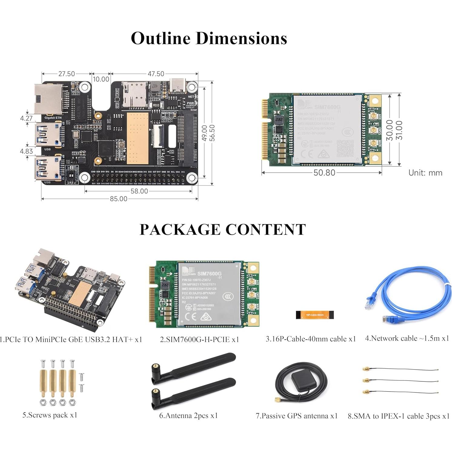 Adaptador PCIe a MiniPCIe USB 3.2 y Ethernet Gigabit para Raspberry Pi 5