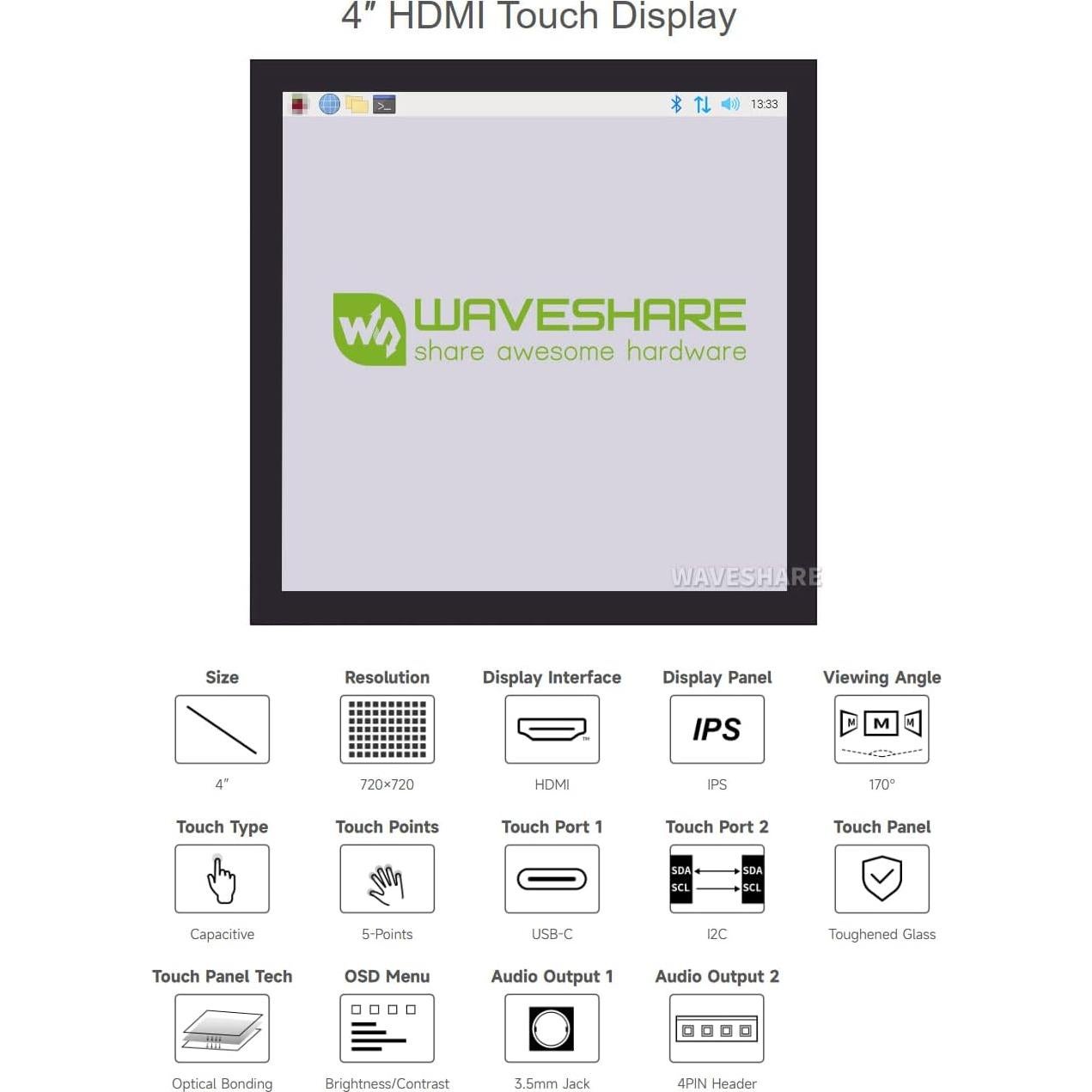 Pantalla LCD táctil IPS 4" Waveshare 720x720 HDMI