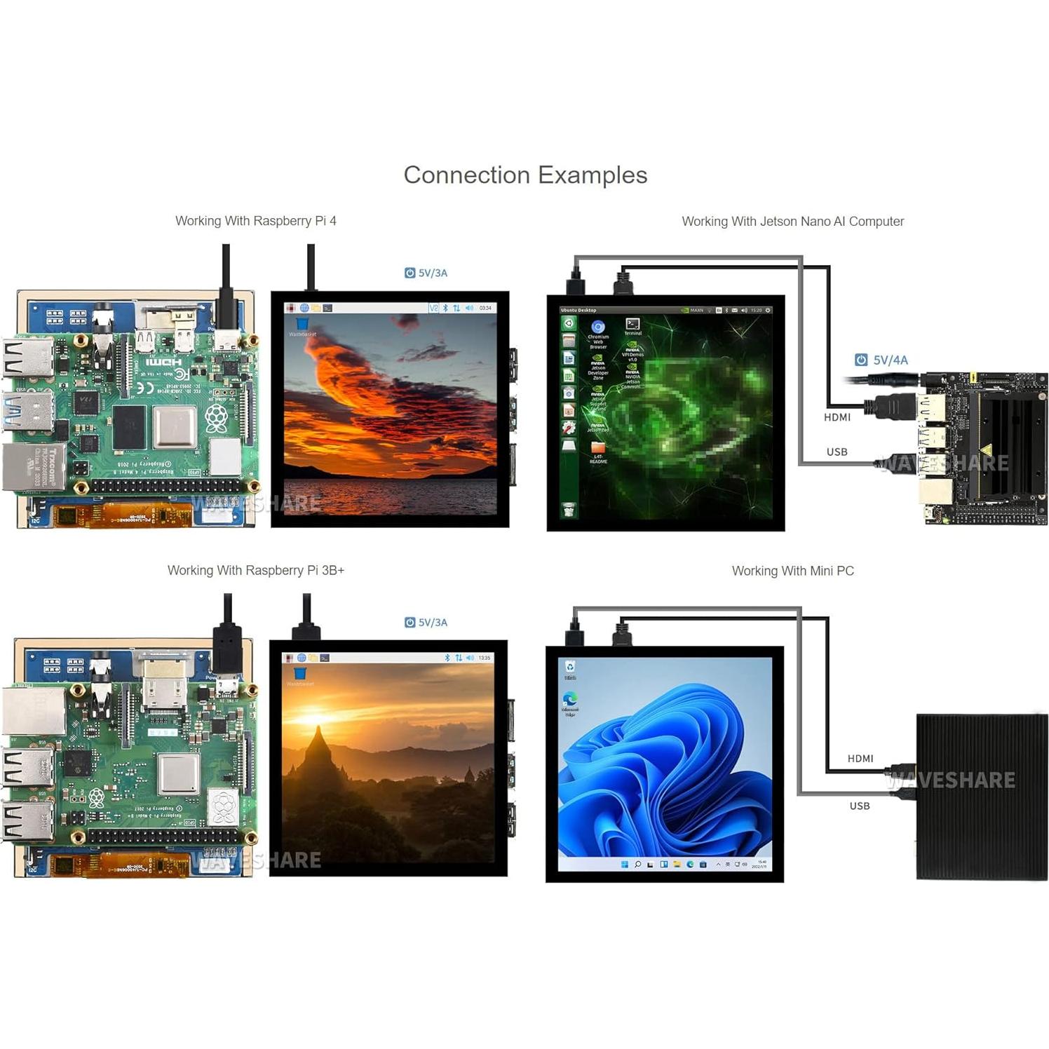 Pantalla LCD táctil IPS 4" Waveshare 720x720 HDMI