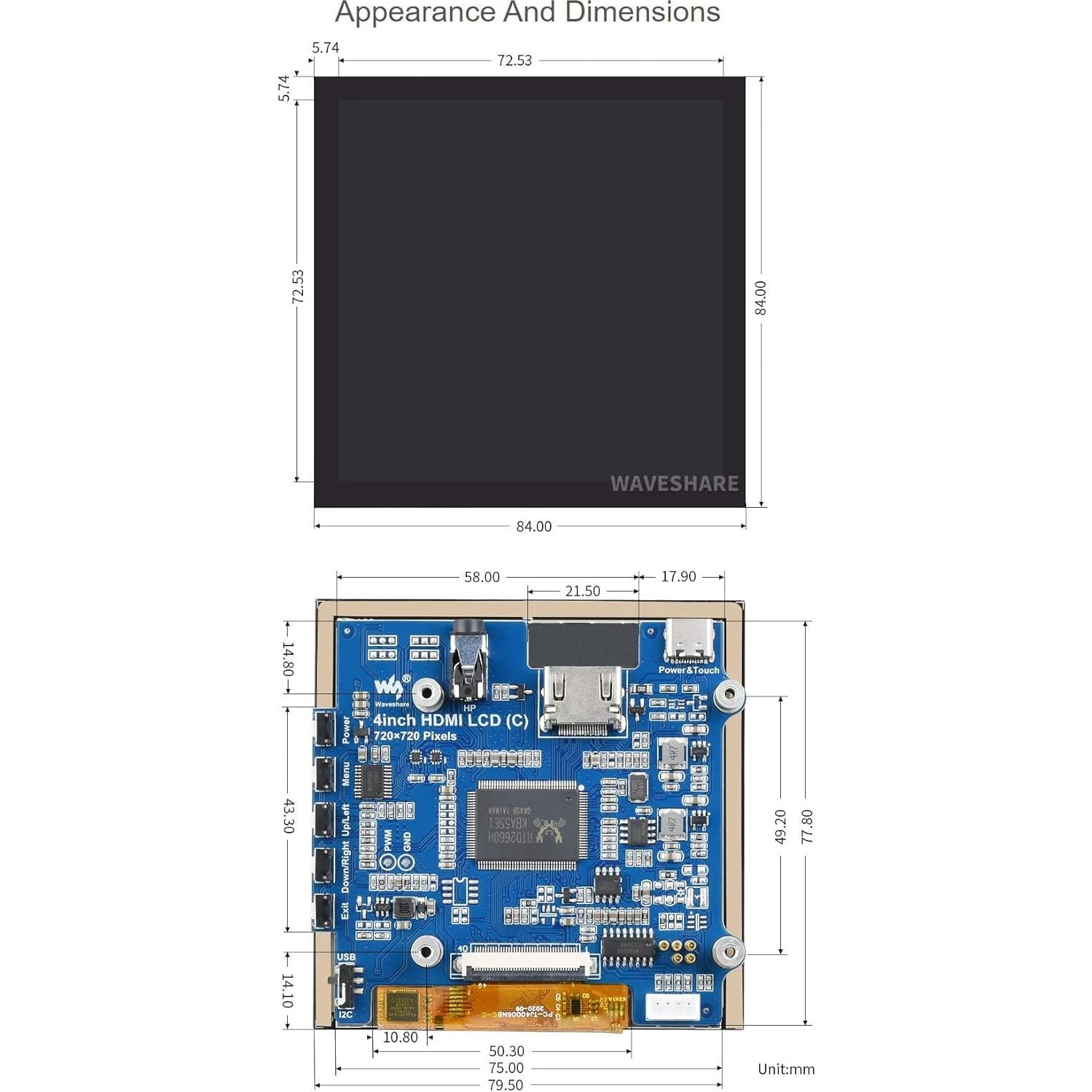 Pantalla LCD táctil IPS 4" Waveshare 720x720 HDMI