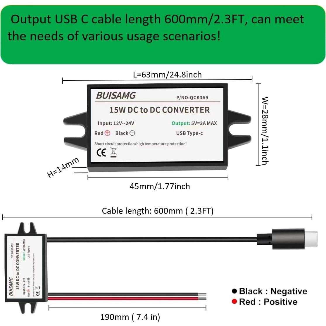Convertidor de Potencia DC 12V/24V a 5V Kabeino USB-C 3A