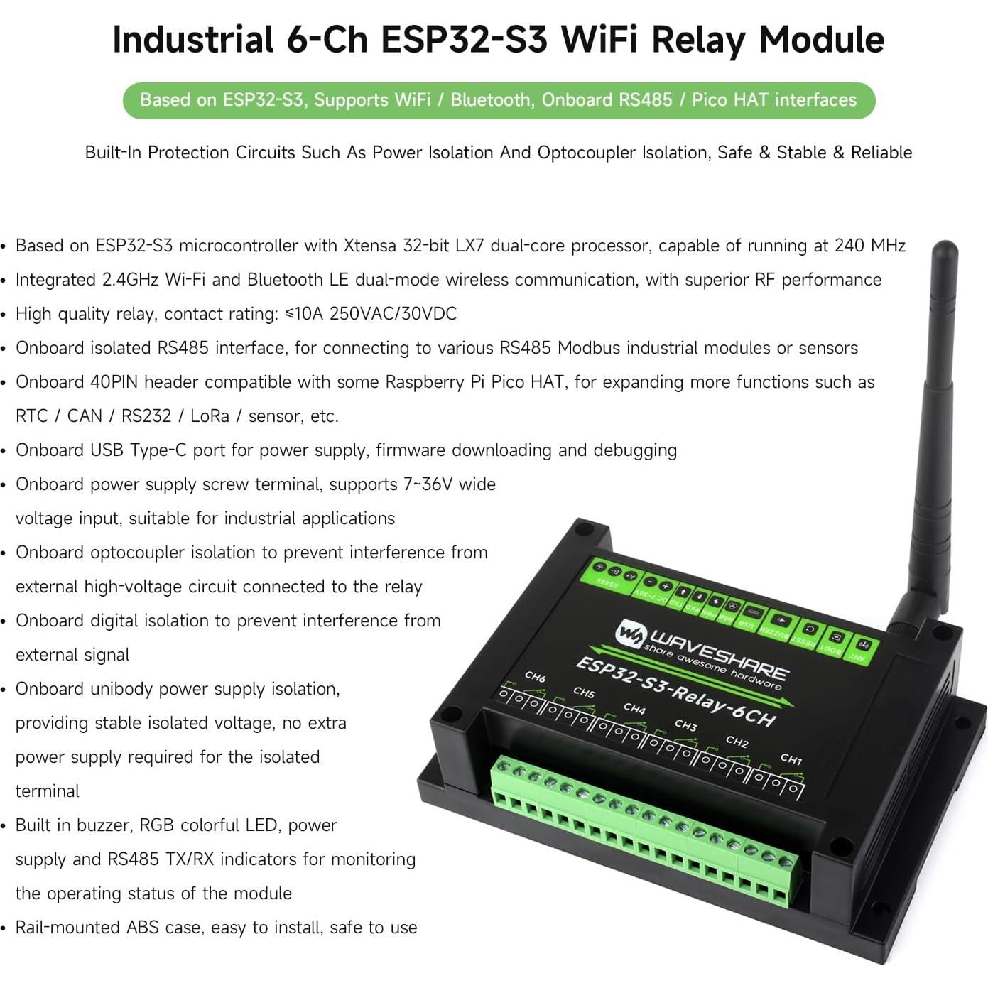 Módulo Relé WiFi 6 Canales Waveshare ESP32-S3 300g