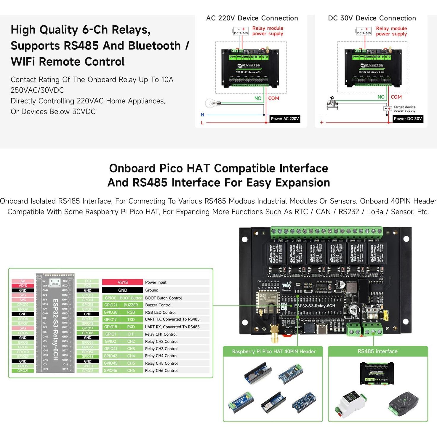Módulo Relé WiFi 6 Canales Waveshare ESP32-S3 300g
