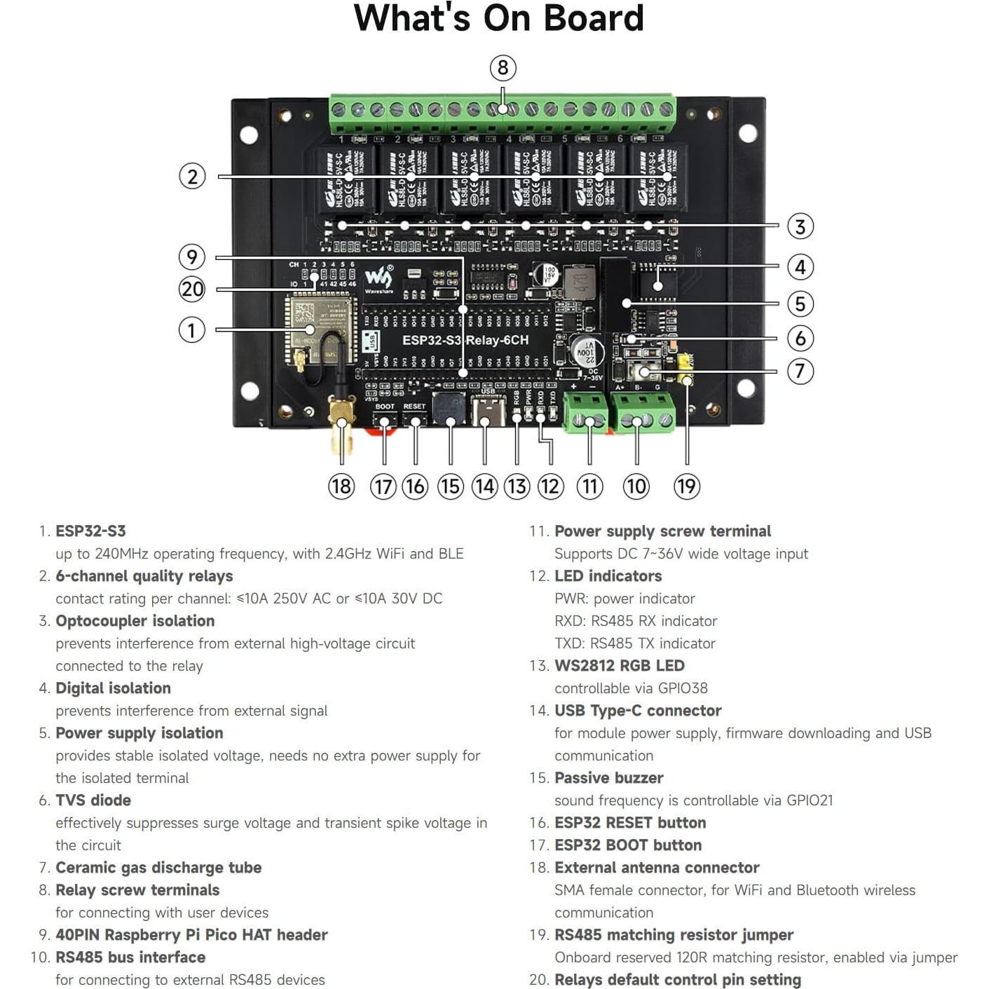 Módulo Relé WiFi 6 Canales Waveshare ESP32-S3 300g