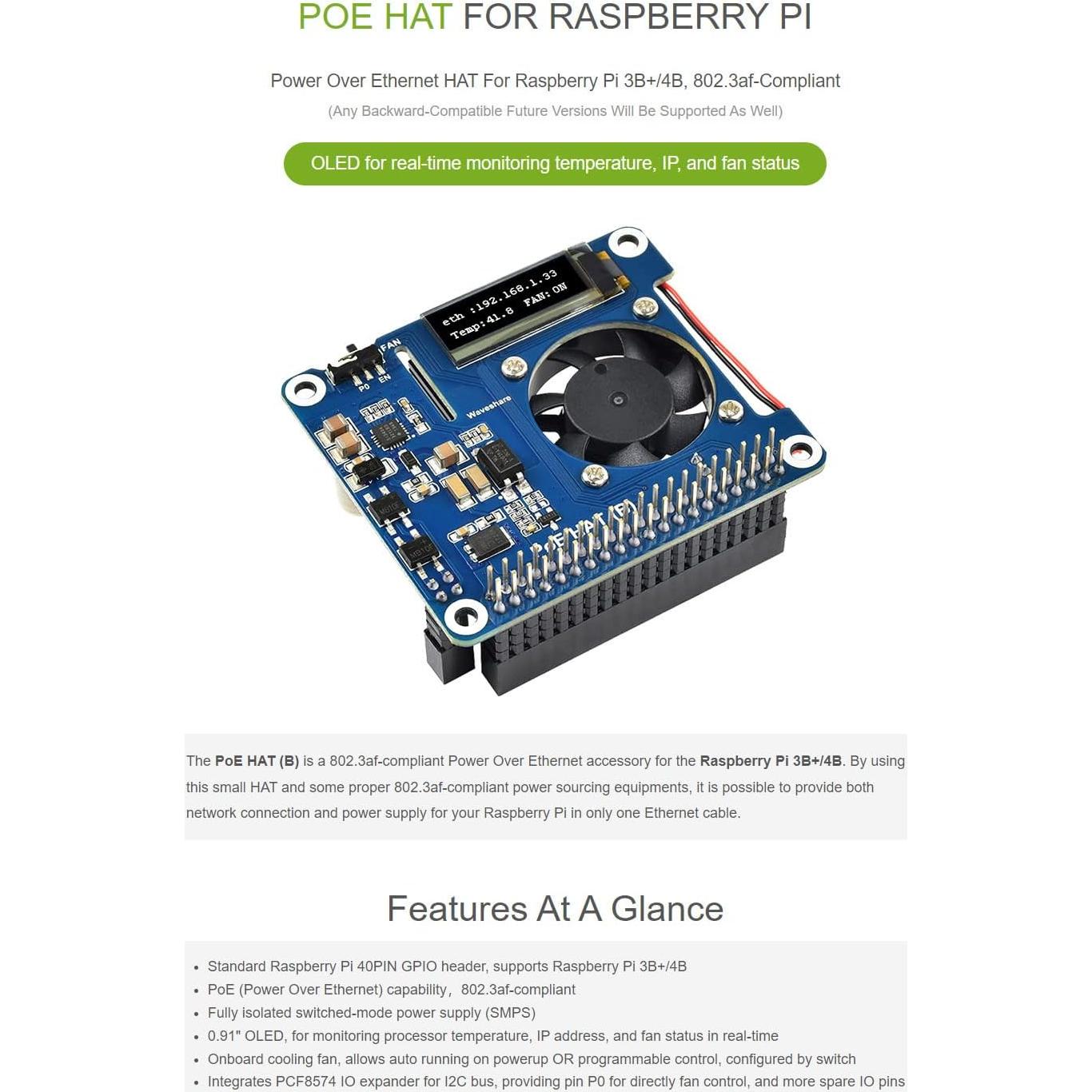 HAT de Alimentación PoE Waveshare para Raspberry Pi 3B+ y 4B
