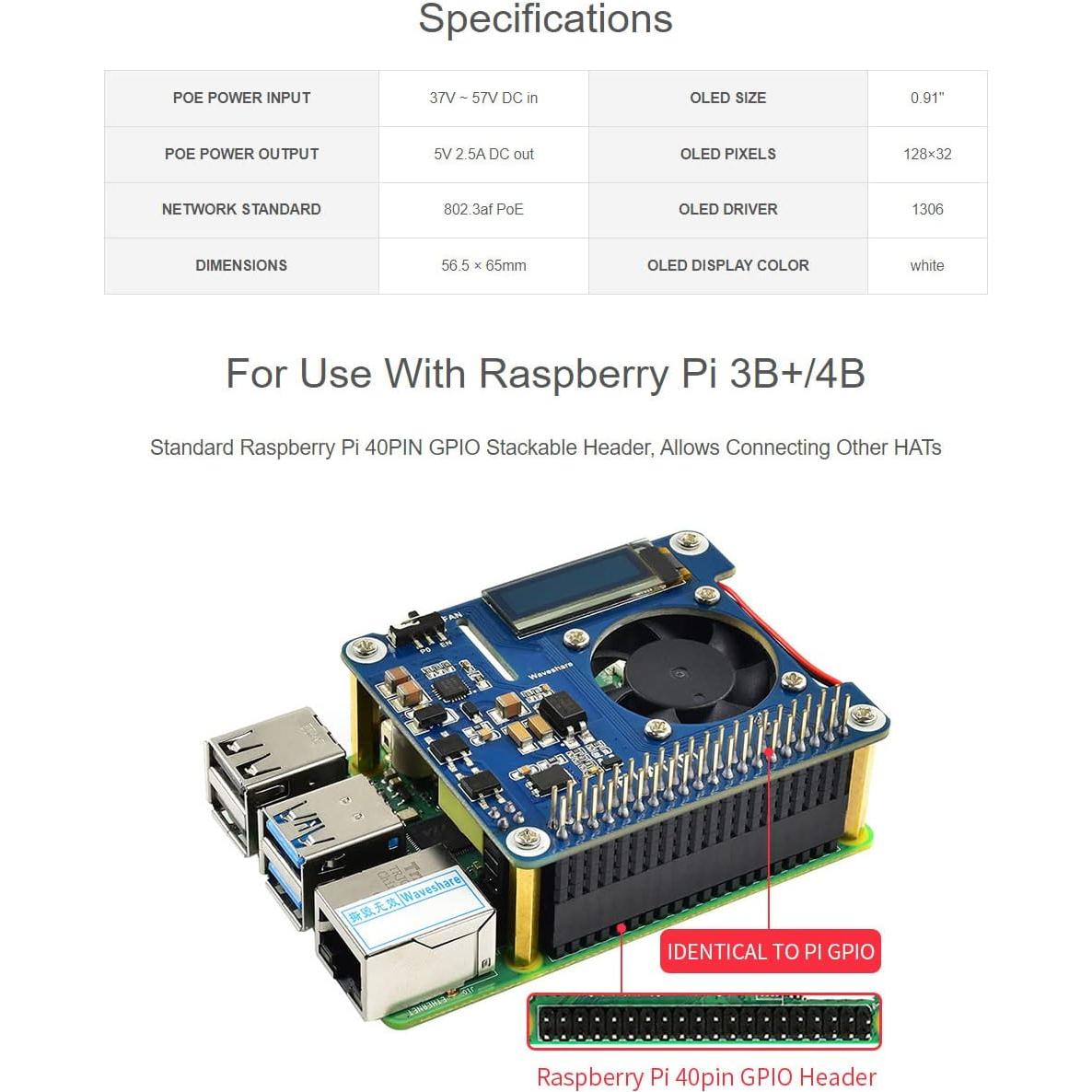 HAT de Alimentación PoE Waveshare para Raspberry Pi 3B+ y 4B