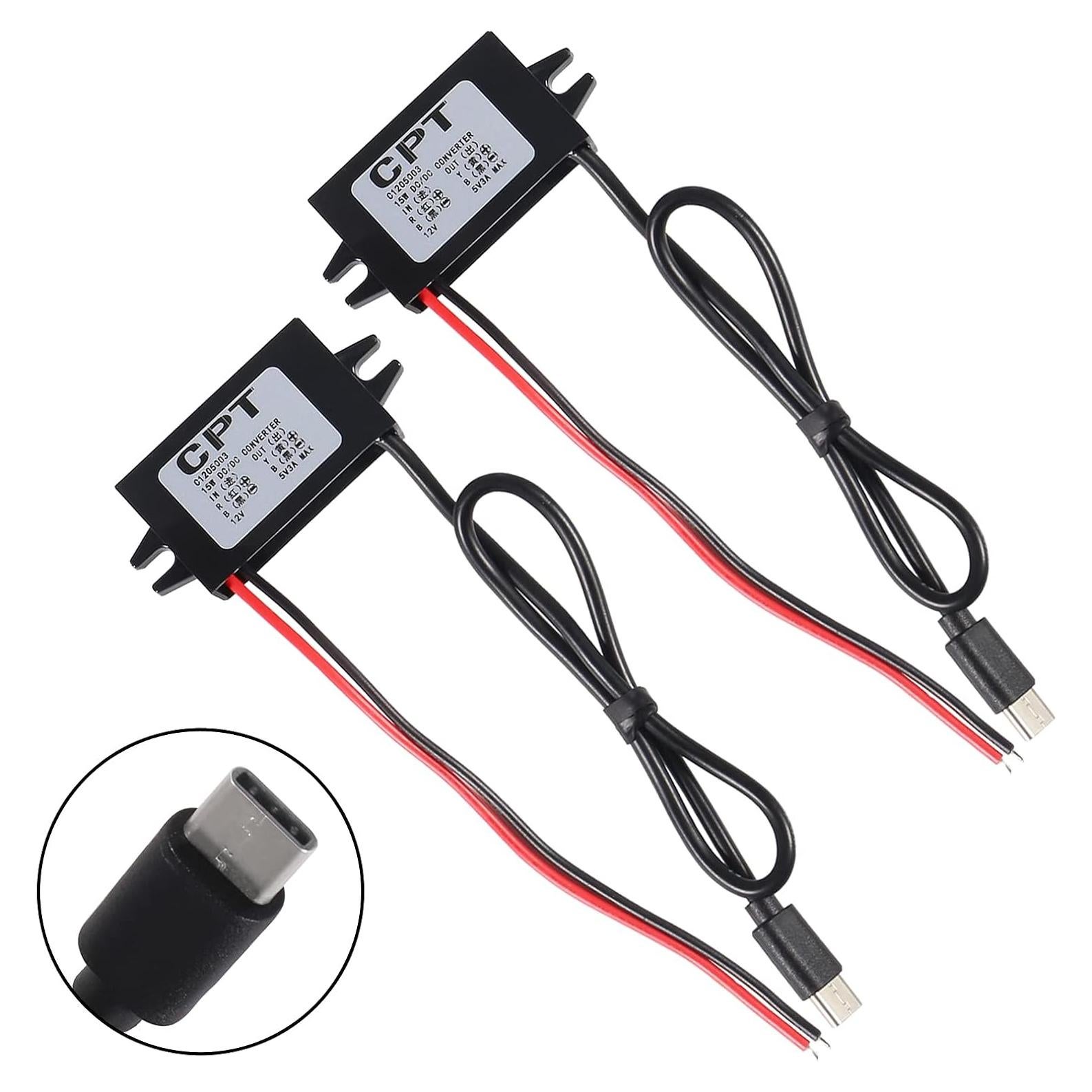 2 Pcs Convertidor DC 12V/24V a 5V 3A AITRIP Tipo-C USB