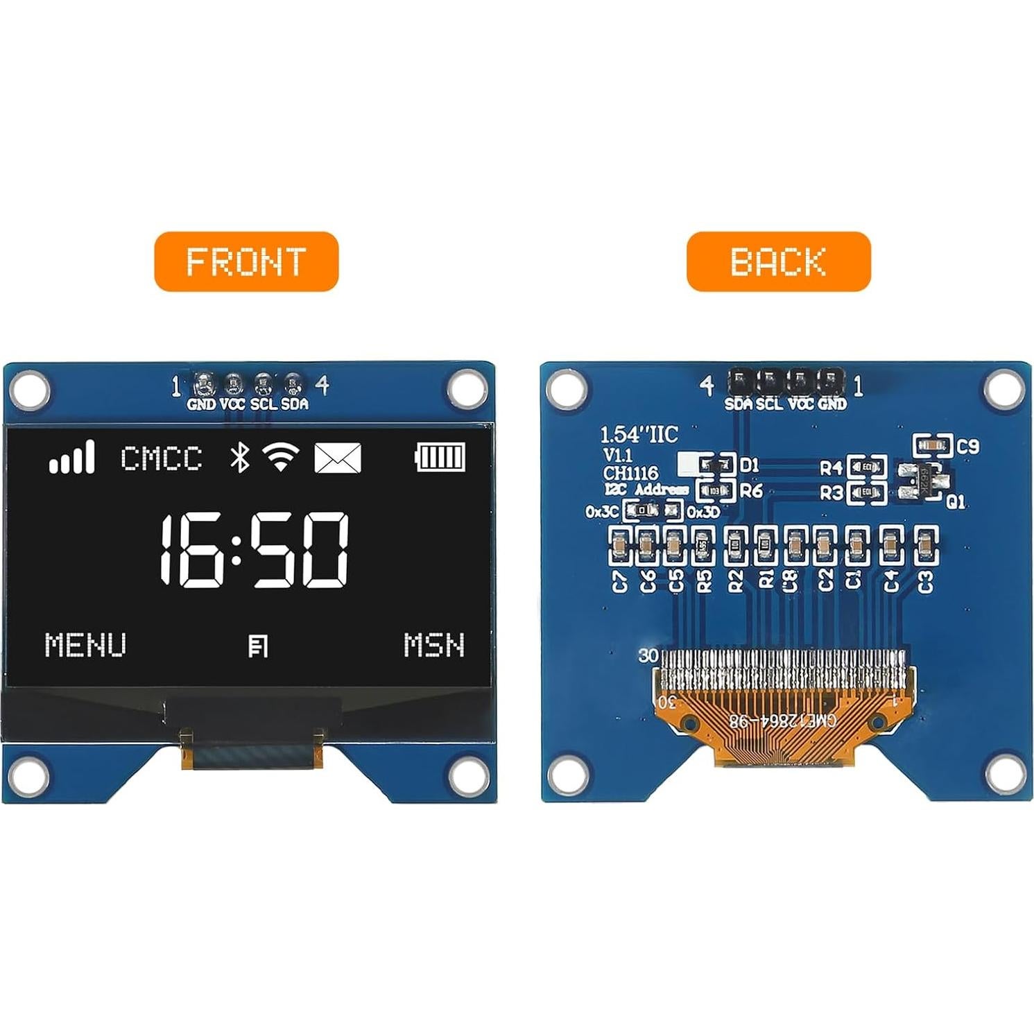 Módulo OLED 1.54" JUZITAO 128x64 I2C 2PCS Pantalla Blanca
