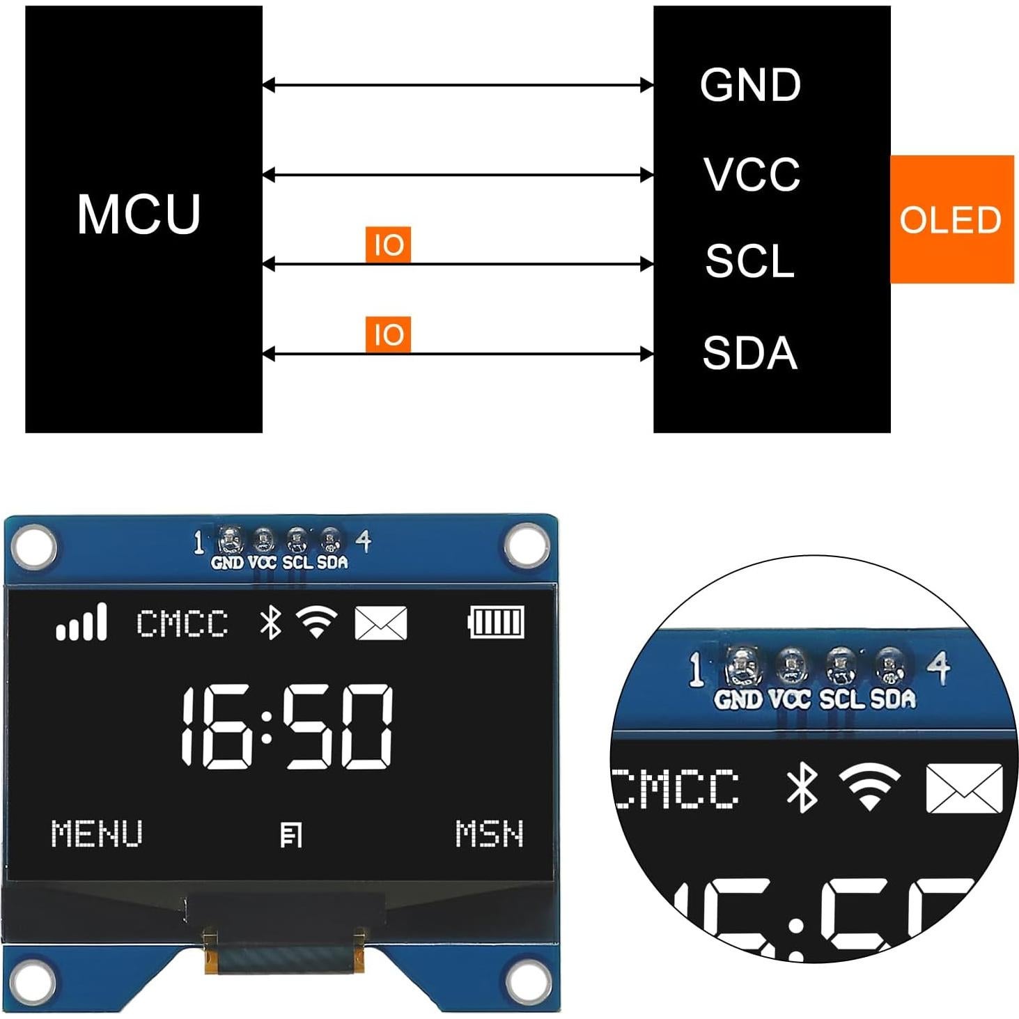 Módulo OLED 1.54" JUZITAO 128x64 I2C 2PCS Pantalla Blanca