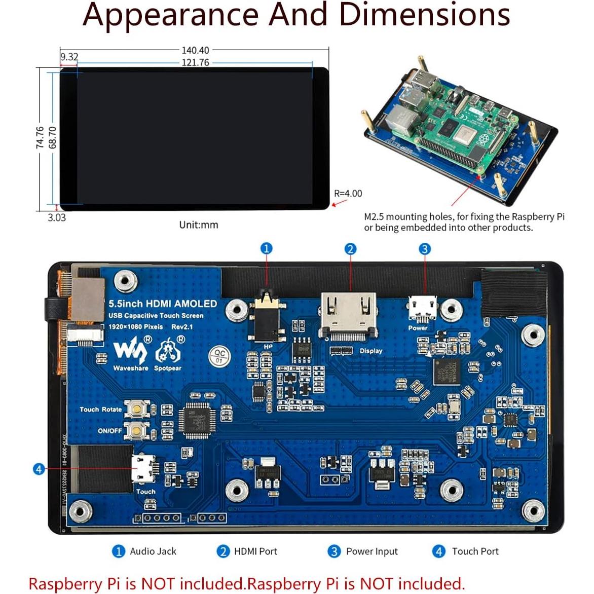 Pantalla AMOLED 5.5" HDMI 1080p Táctil Capacitiva Waveshare