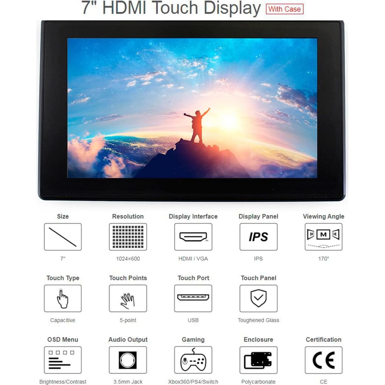 Pantalla LCD HDMI 7" Waveshare Táctil 1024x600 con Carcasa