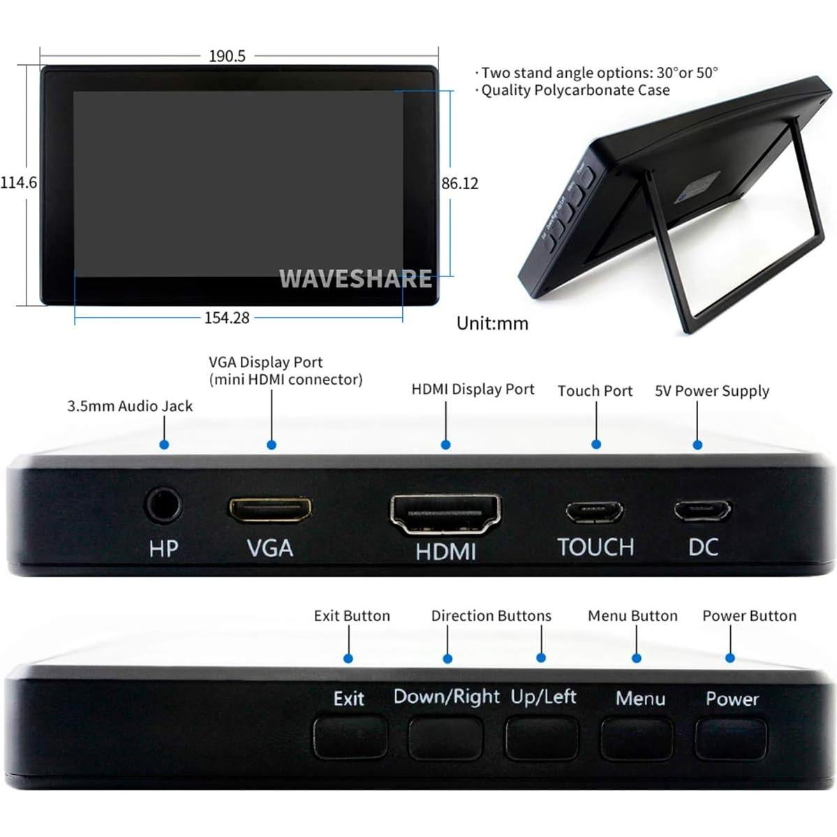 Pantalla LCD HDMI 7" Waveshare Táctil 1024x600 con Carcasa