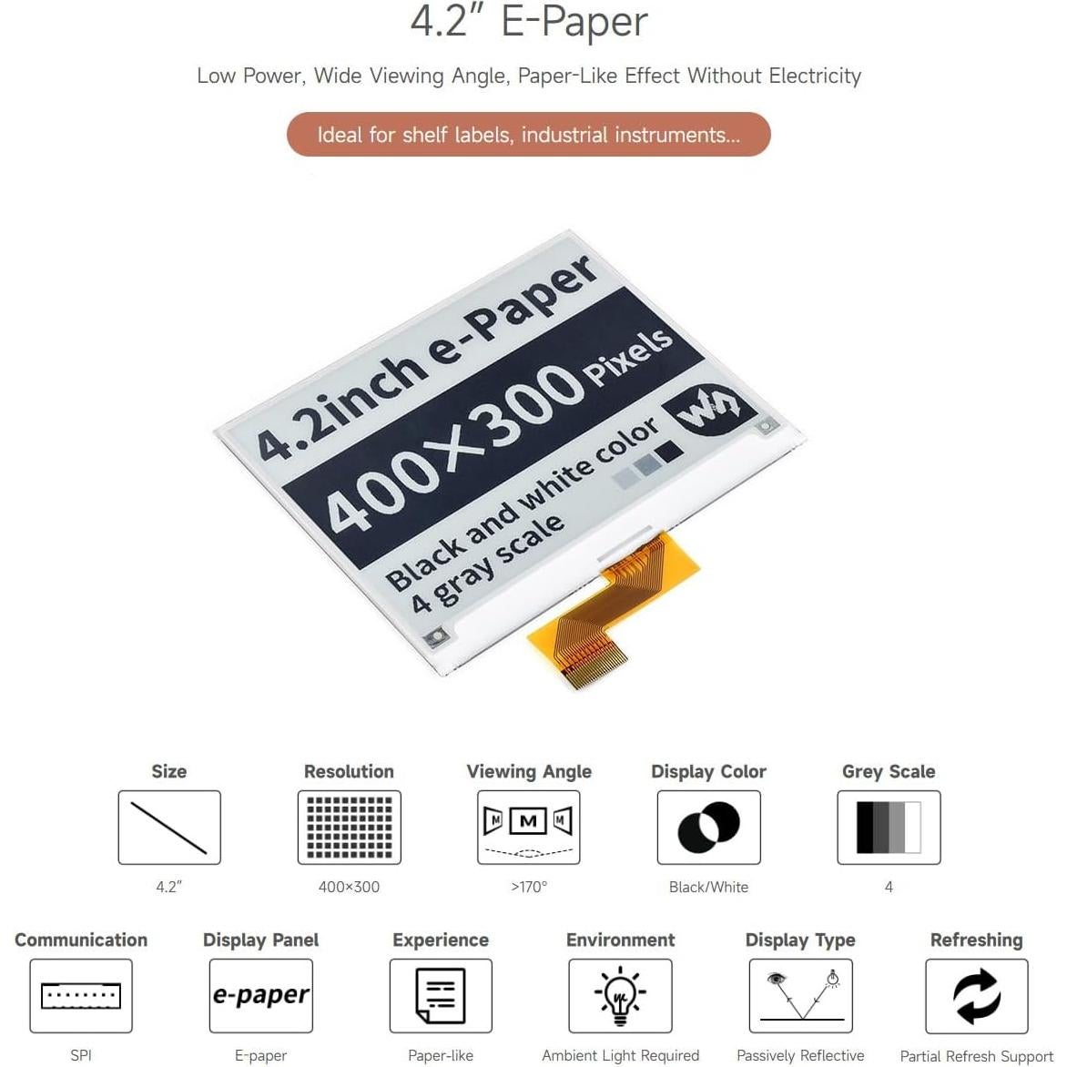 waveshare 4.2inch E-Ink Raw Display Compatible with Raspberry Pi 4B/3B+/3B/2B/B+/A+/Zero/Zero W/WH/Zero 2W Series Boards 400x300 Resolution with SPI Interface Without PCB