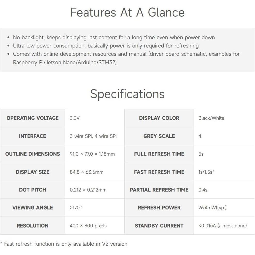 waveshare 4.2inch E-Ink Raw Display Compatible with Raspberry Pi 4B/3B+/3B/2B/B+/A+/Zero/Zero W/WH/Zero 2W Series Boards 400x300 Resolution with SPI Interface Without PCB